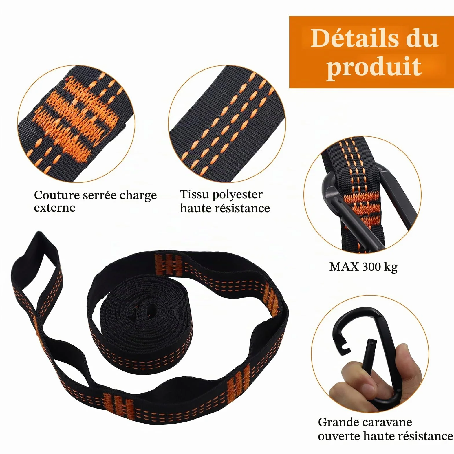 Sangle Hamac Arbre 2 m x 2.5 cm Fixation Hamac avec 2 Mousquetons Sac de Transport 300kg Extérieur Randonnée Camping