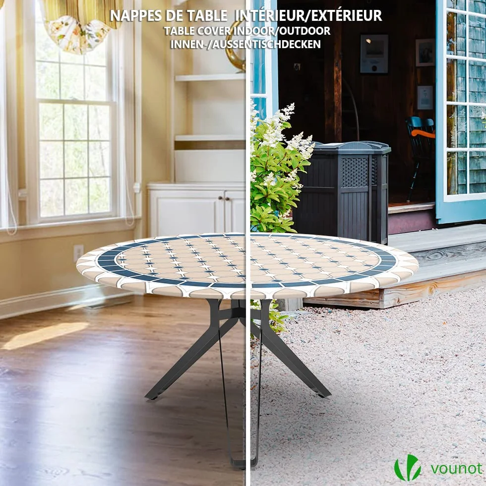 Nappe de Table Ronde en PVC Imperméable Anti Tache avec Doublure Élastique pour Jardin Intérieur Extérieur