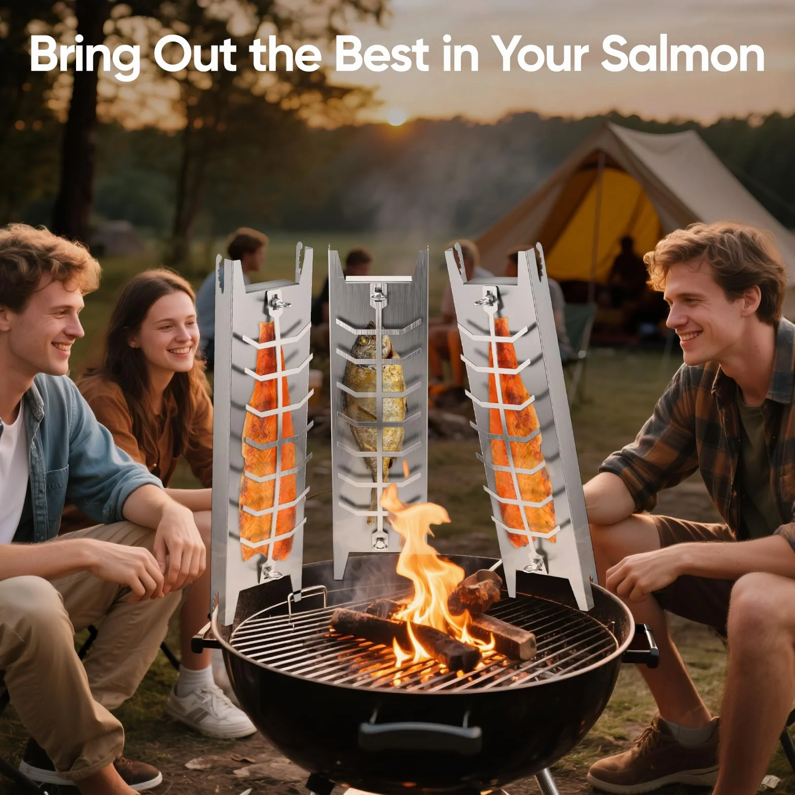 Planche à saumon flambée avec support en acier inoxydable, rotation 180°, pour brasero & barbecue, 23.43 x 6.3 x 1.42 Inch