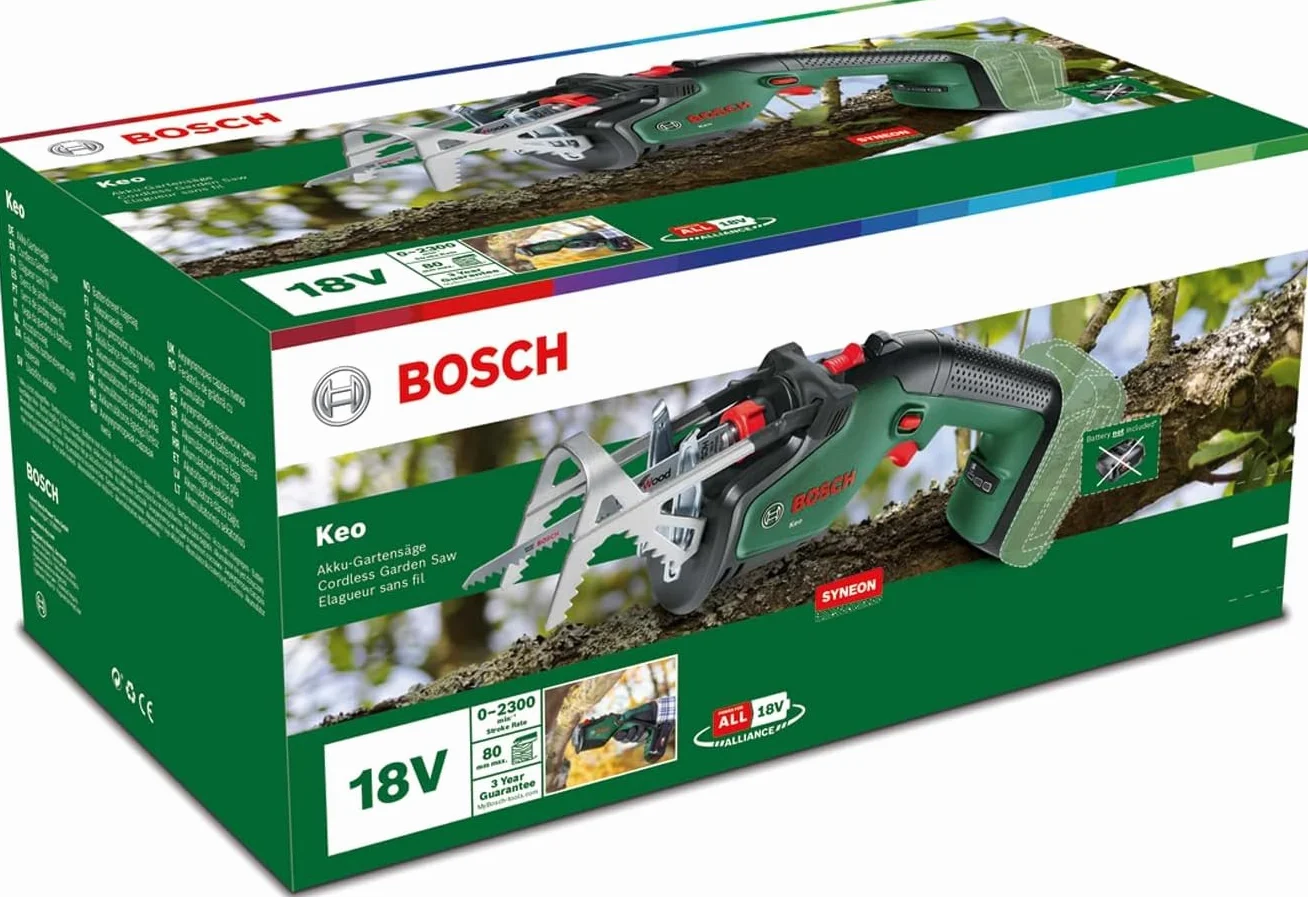 Bosch Elagueur sans fil - Keo (sans batterie, système 18V, diamètre de coupe 80 mm, avec lame de précision de fabrication suisse pour bois, dans emballage carton)