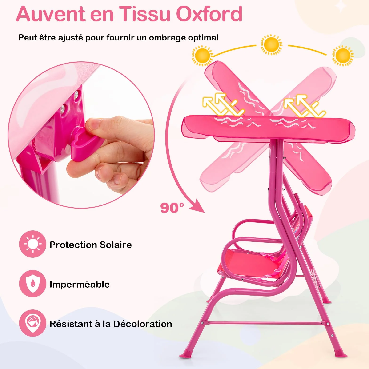 GOPLUS Balancelle de Jardin 2 Places avec Auvent Réglable Ceintures de Sécurité 80 KG Sirène Rose