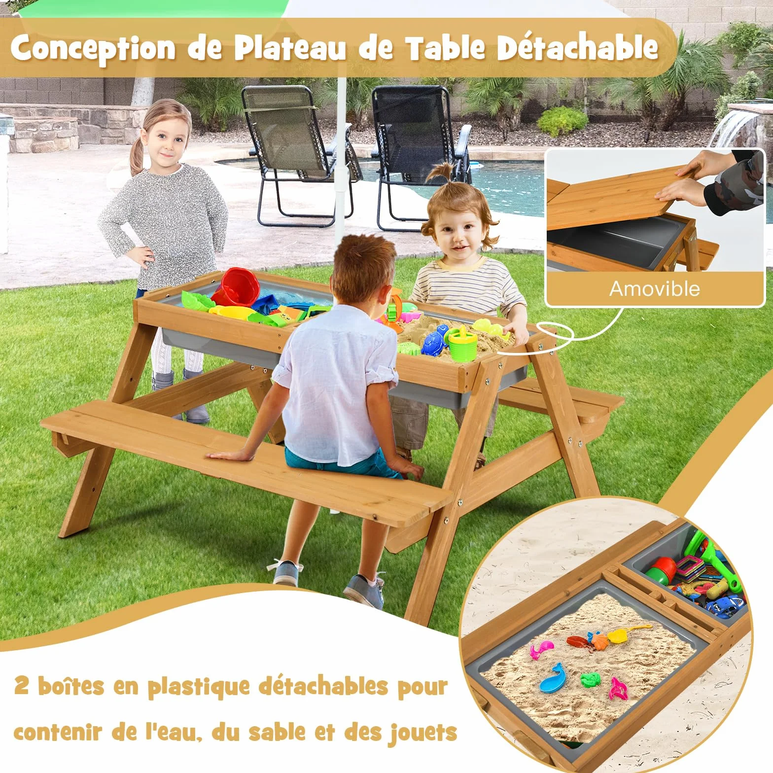 COSTWAY 3 en 1 Table de Pique-Nique Enfants avec Parasol Amovible, Table de Jardin, 2 Boîtes Sable & Eau, Charge 50kg