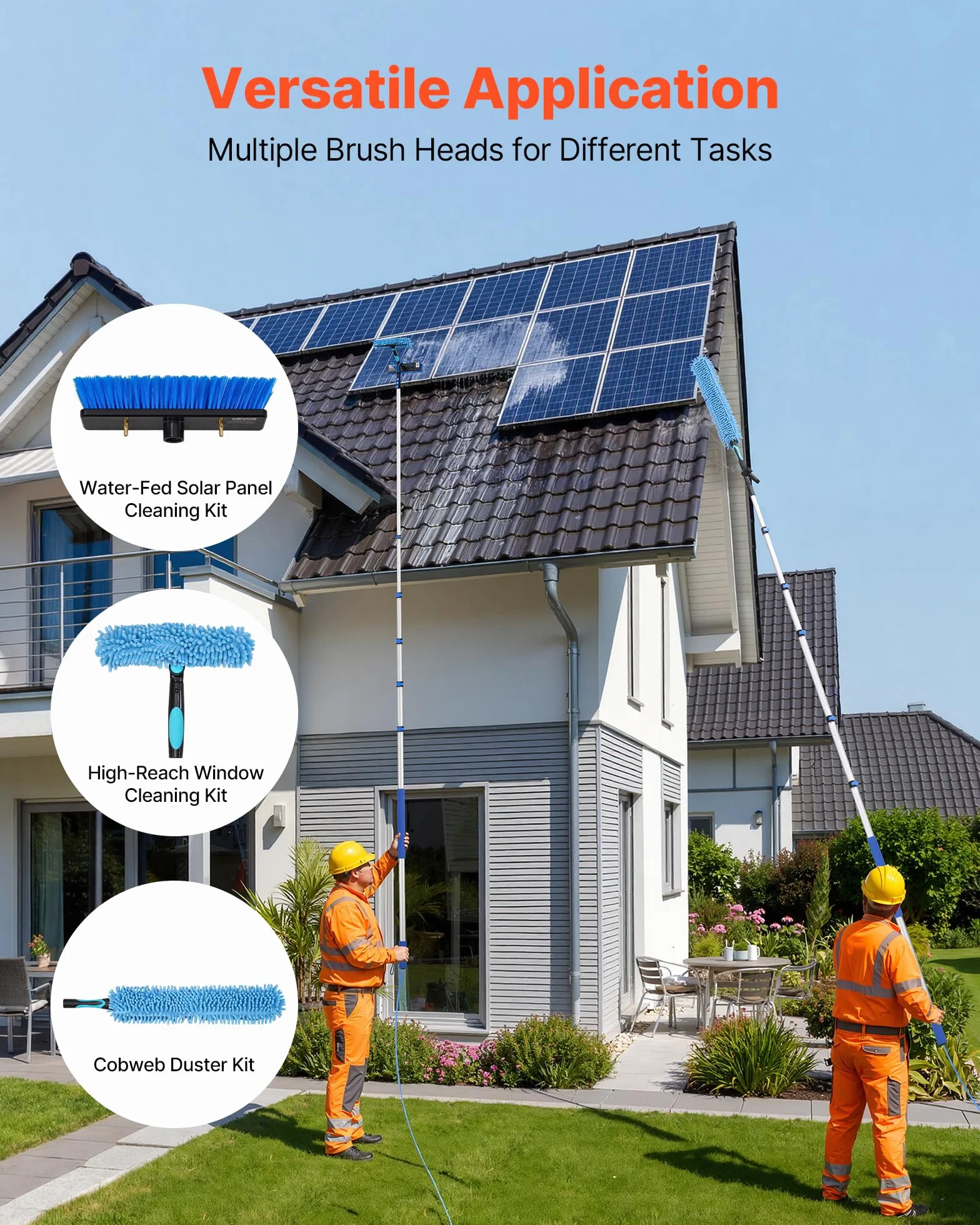 VEVOR Kit Nettoyage pour Panneaux Solaires 10 m Brosse Télescopique Nettoyage à Passage Eau Perche Alliage Alu pour Panneaux Solaires sur Toit, avec Tête de Brosse Rotative 180°, Distributeur de Savon