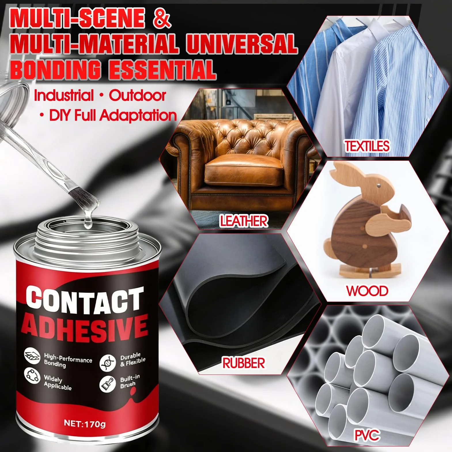 Colle Contact, Colle Neoprene Liquide, Colle PVC/Chaussure/Caoutchouc/Semelle Chaussure, Convient Au Cuir, Au Caoutchouc, Aux Textiles, Aux Métaux et Au PVC, 170g