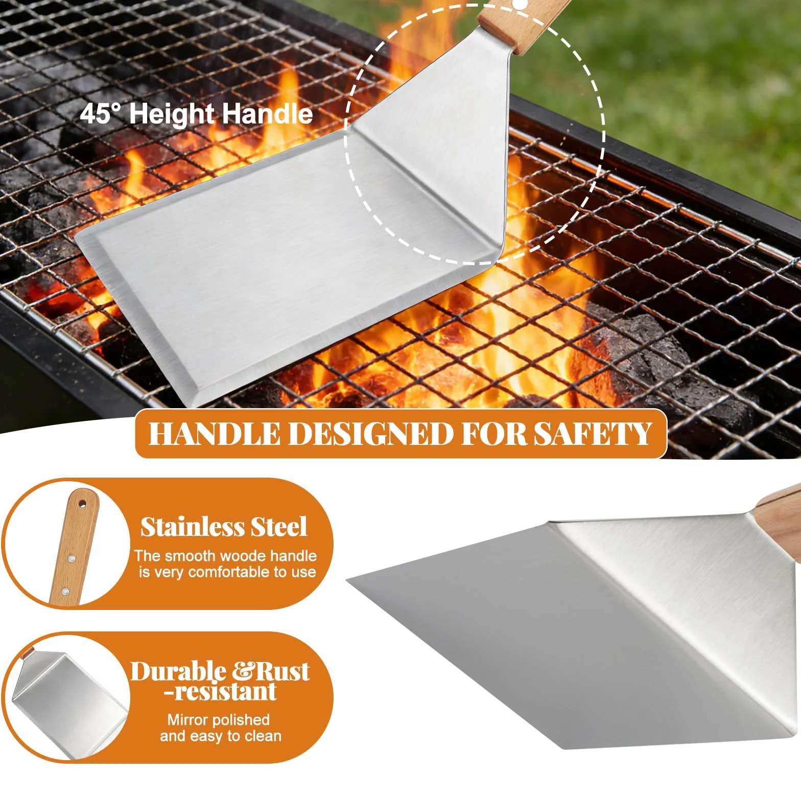 Spatule Cuisine Extra Large en Acier Inoxydable avec Poignée en Bois pour Grillades Hamburgers