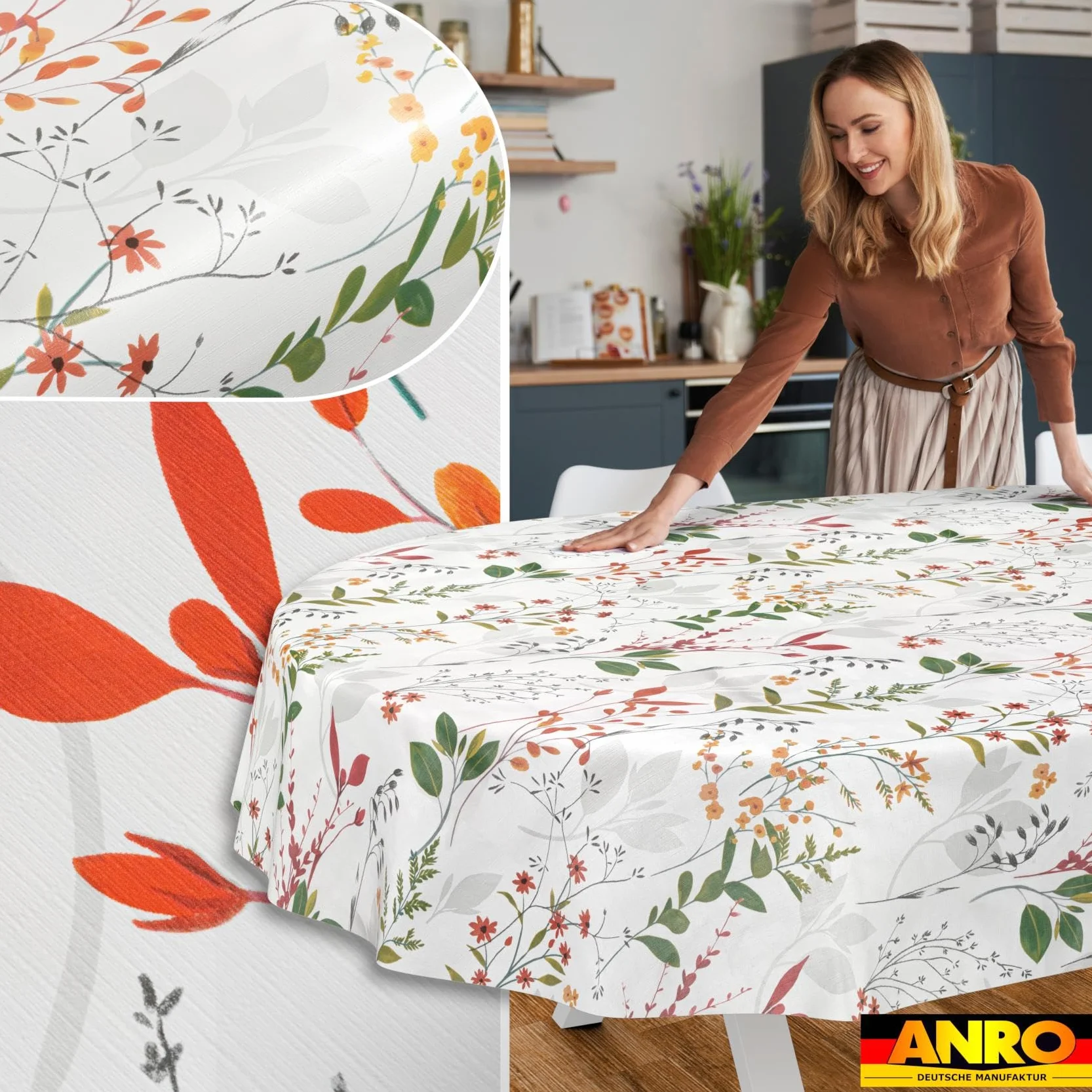 Nappe en Toile cirée Ovale 180 x 140 cm Lavable Imperméable Effet Lotus Bord coupé