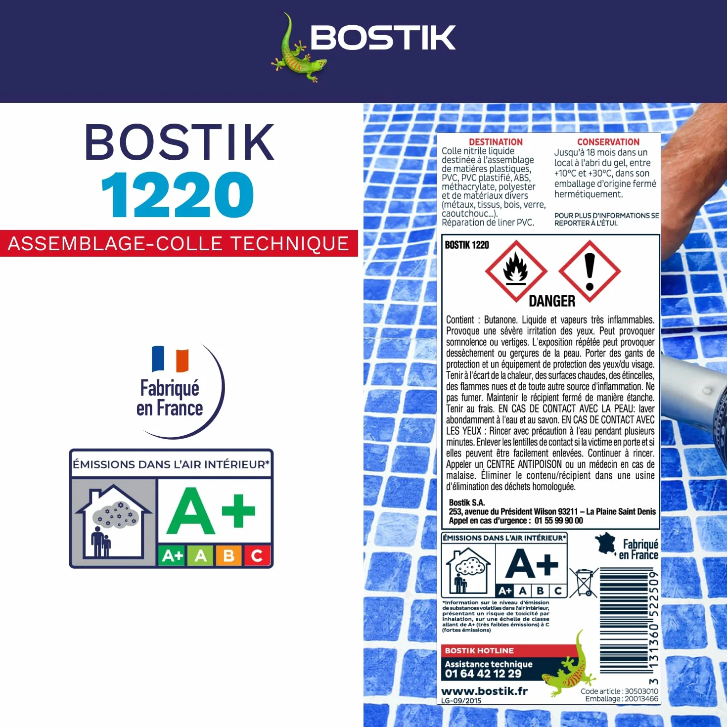 Bostik - Colle Contact Nitrile Liquide 1220 - Multi-Usages - Idéale Pour Liner PVC - Transparente - Tube de 125 ml