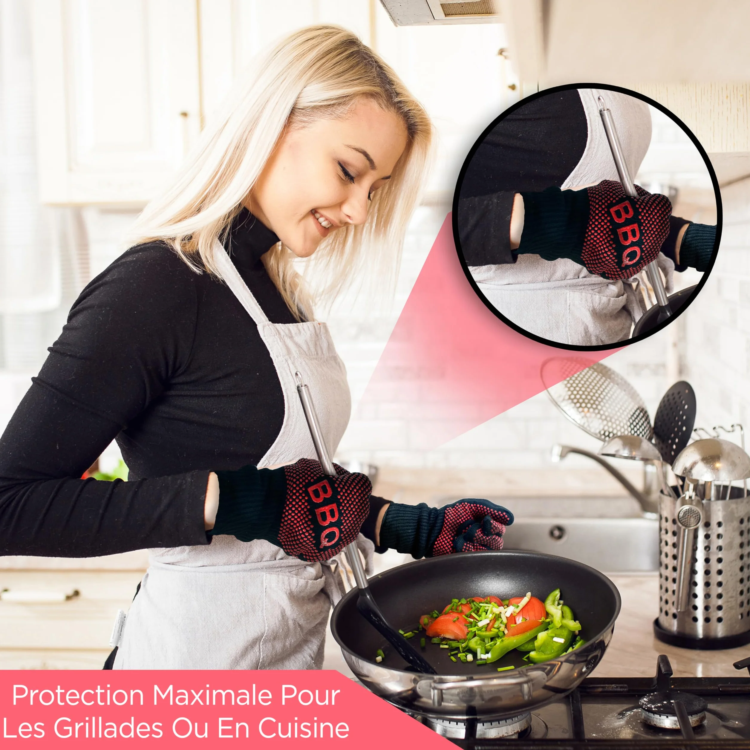 Nutrichef Gants de Barbecue Thermiques Anti Chaleur 800°C, Gants de Cuisine Anti Brûlure avec Silicone Antidérapant