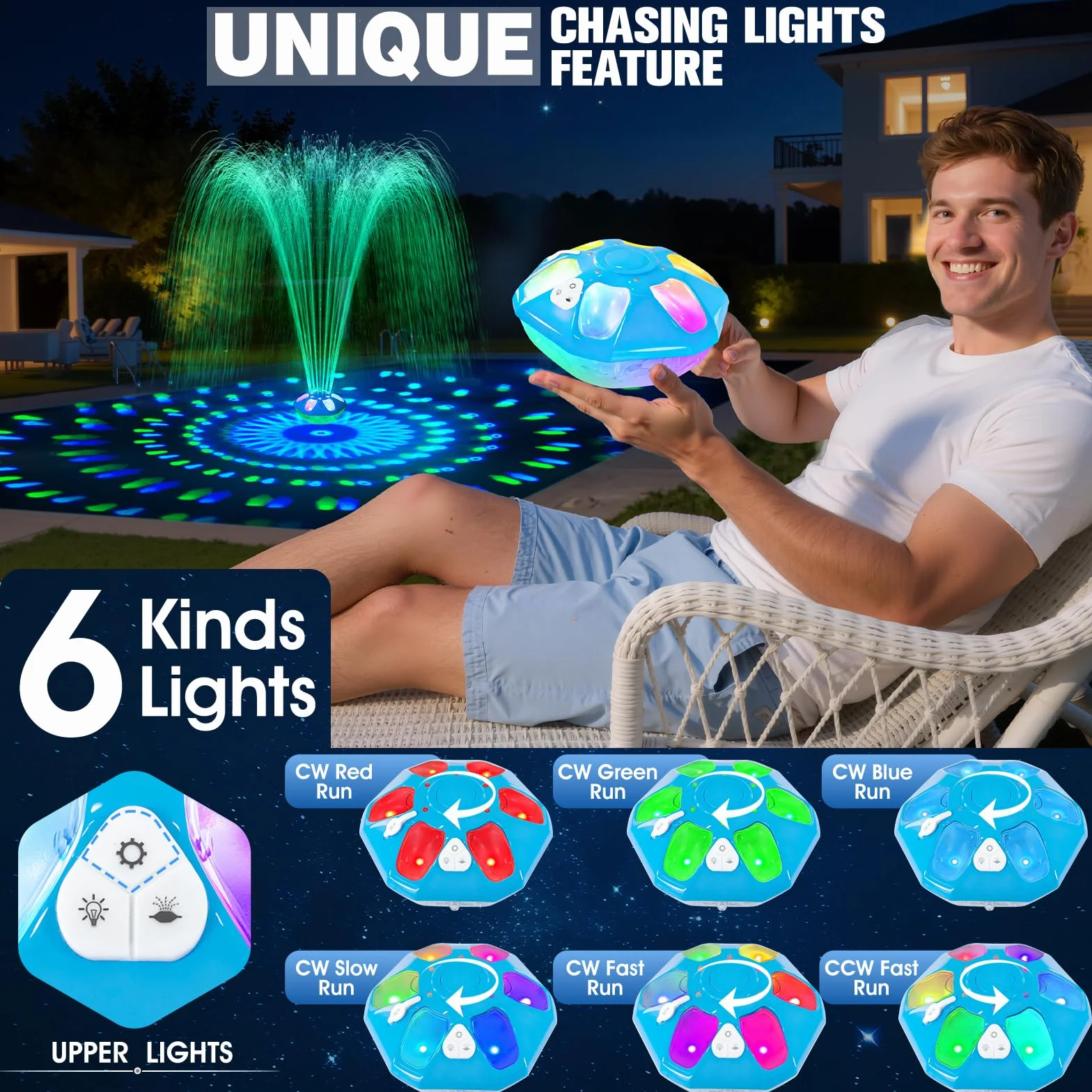 KingSom Fontaine Piscine LED Rechargeable 2 Modes Jet 12 Modes Éclairage Flottante Hors Sol