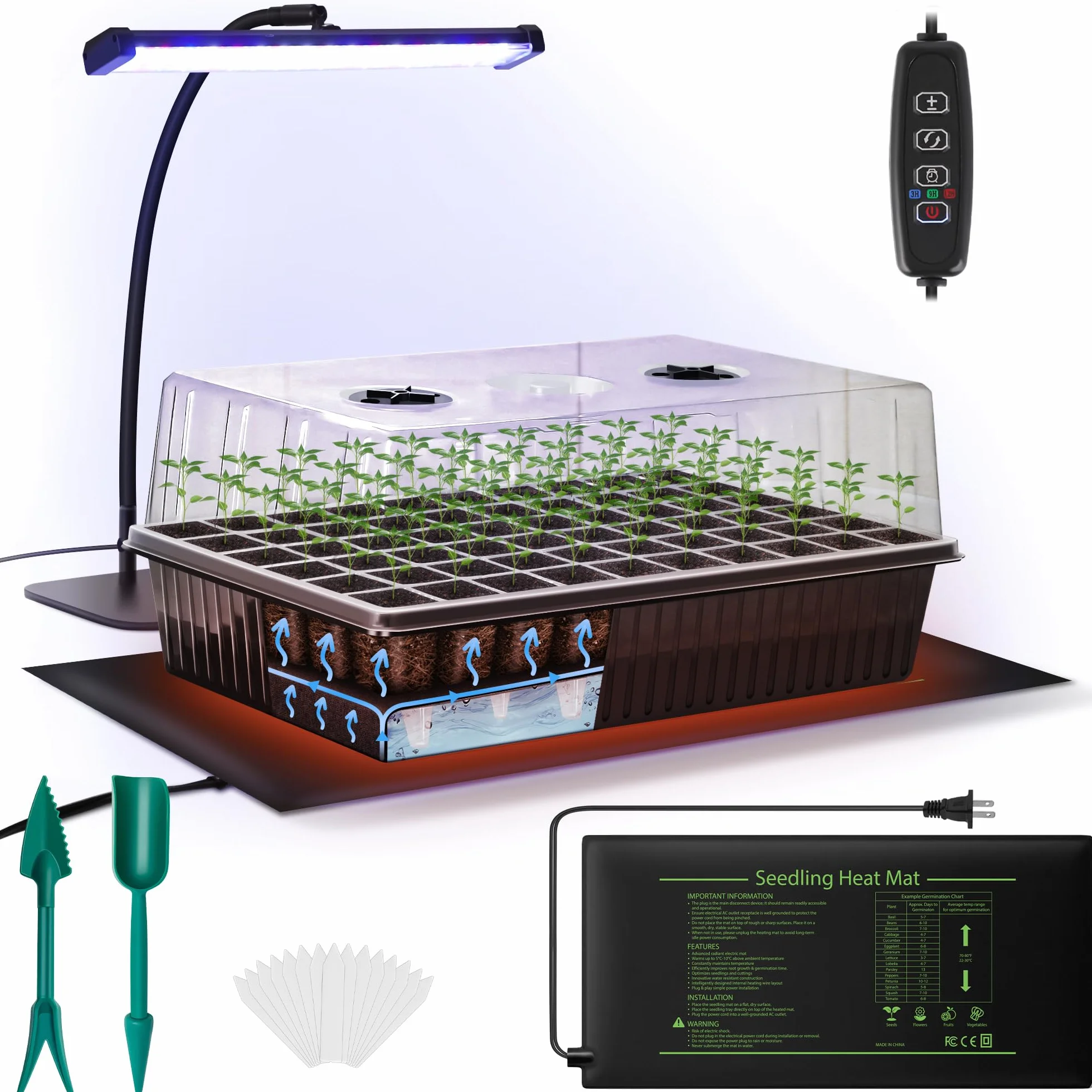 Kit de démarrage de semences à auto-arrosage 60 cellules avec lumière de croissance et tapis chauffant