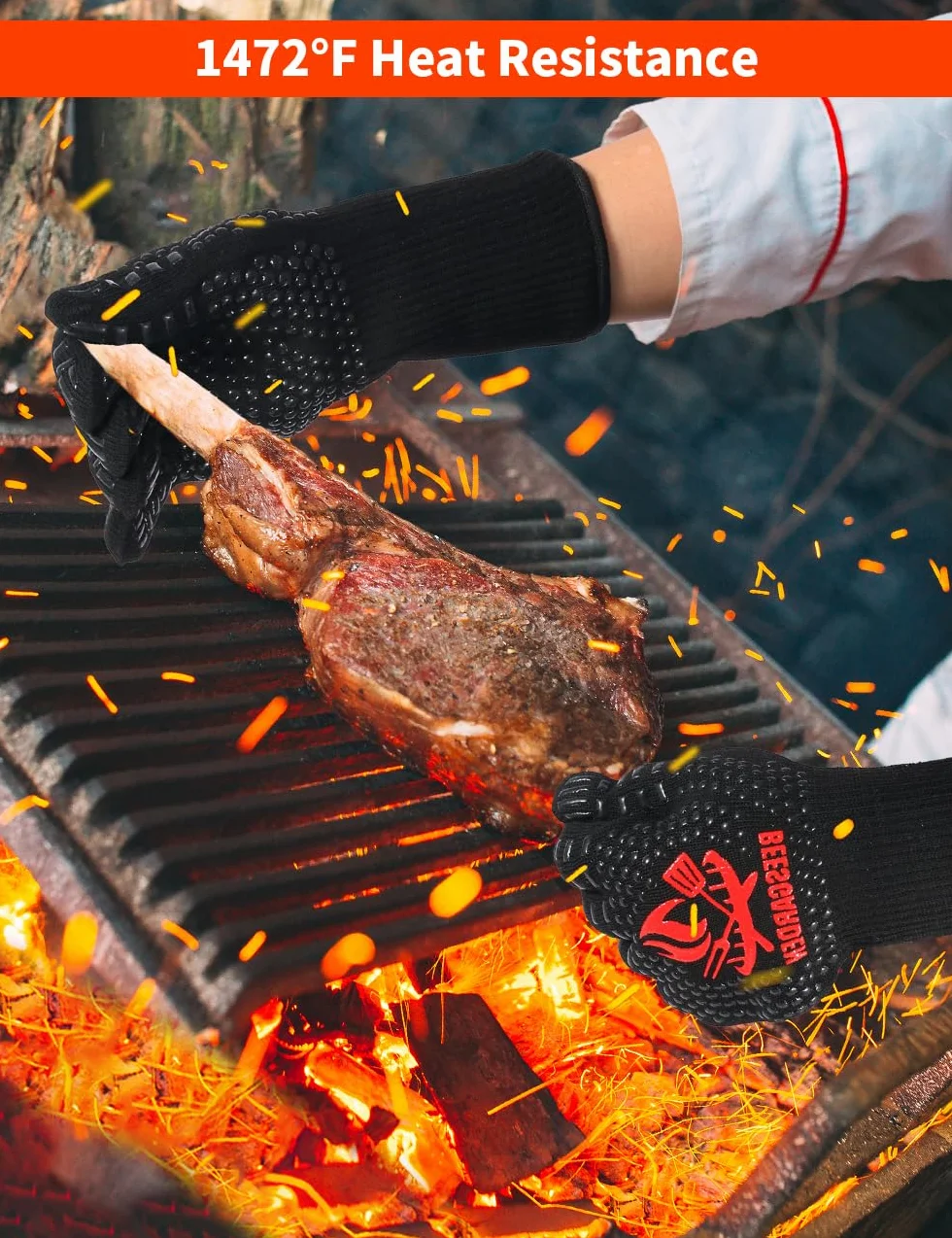 Gants de Barbecue Anti Chaleur 800°C Silicone Ignifuge Antidérapants avec Protection de l'avant-Bras Noir