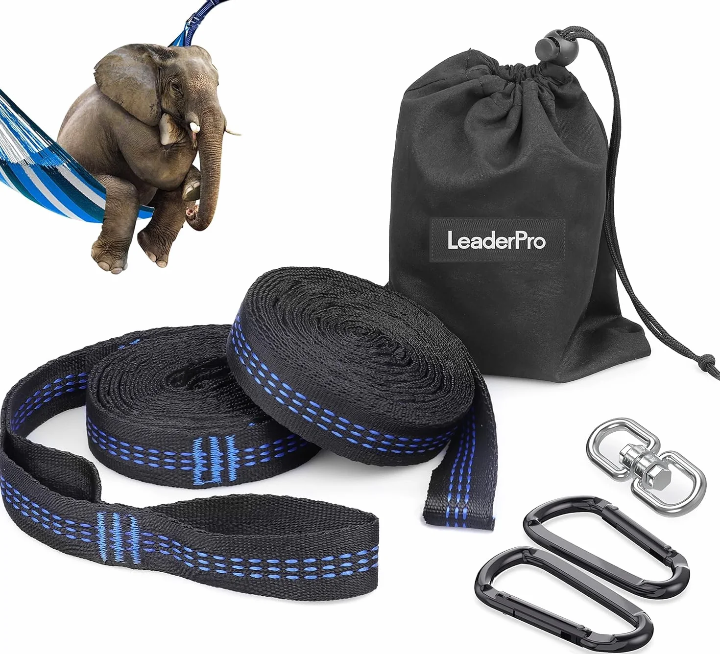 LeaderPro Sangles Hamac 3m 2,5cm 400kg Mousquetons Crochet Pivotant Bleu