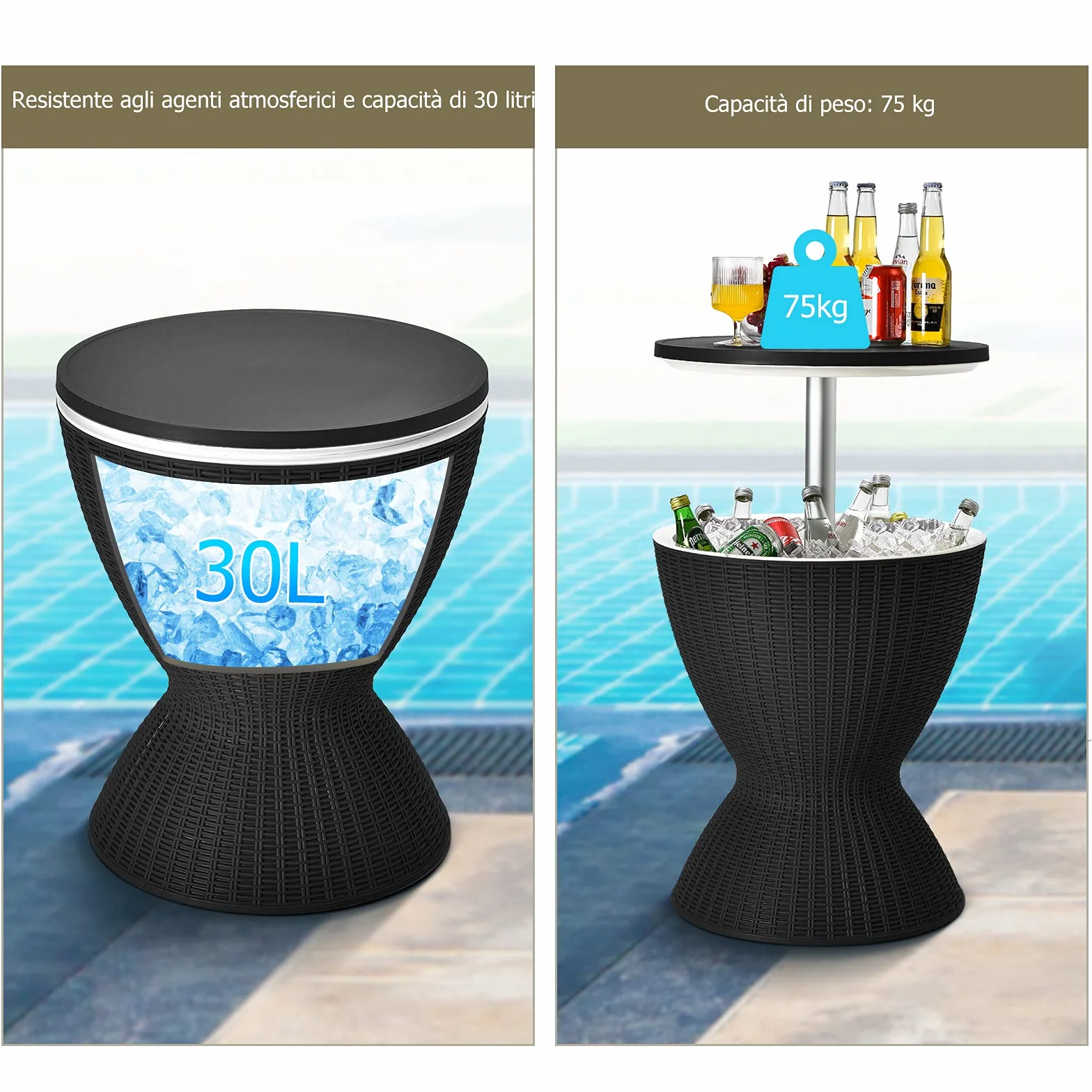 Table Glacière 30L Seau à Glace Imitation Rotin avec Plateau Relevable 2 en 1