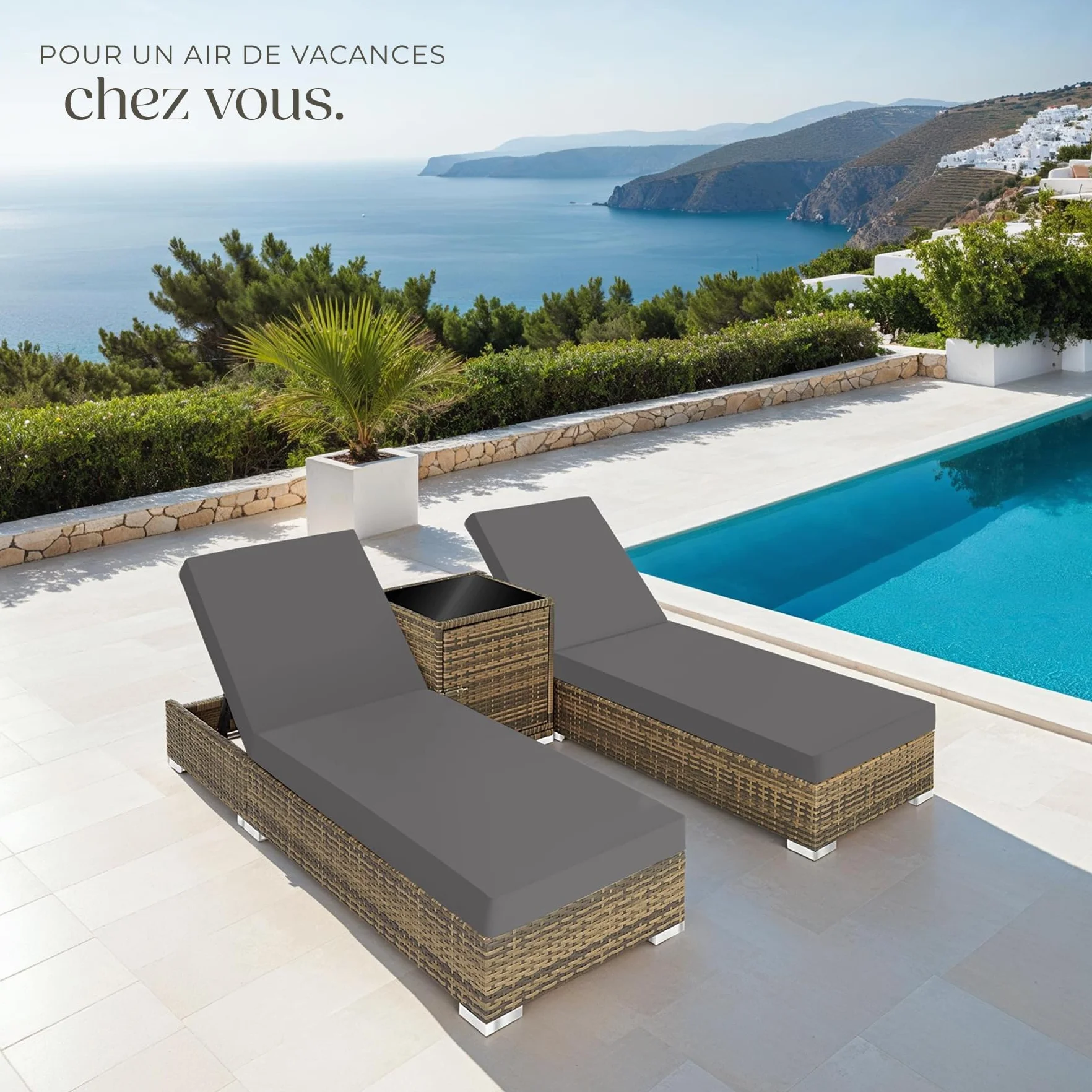 Tectake Set de 2x Chaise Longue Bain de Soleil avec Dossier réglable + Table de Jardin Aluminium Resine Tressee + Housses - Marron Naturel