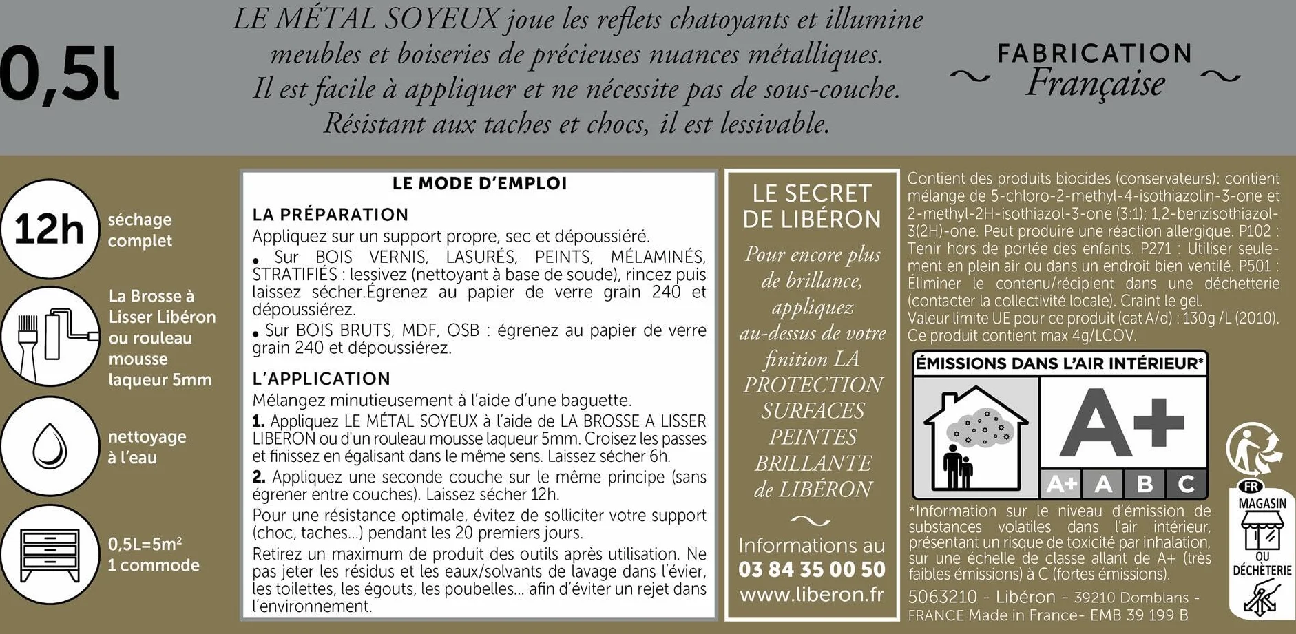 Libéron Peinture décorative Le Métal Soyeux, Or Pur, 500 ML