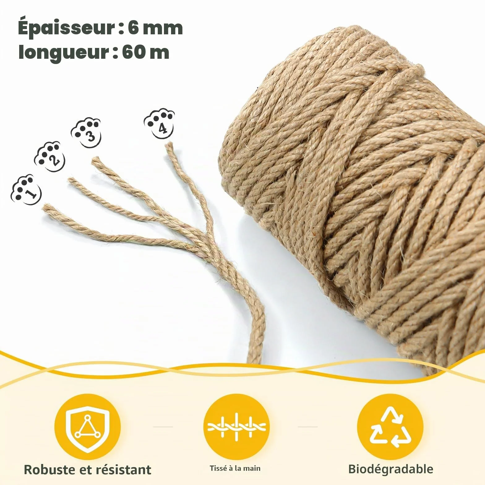 Corde en sisal pour Arbre à Chat, 6 mm x 60 m, Corde en sisal Naturel, Corde à griffer, Renouvellement Griffes Chat - DIY Bricolage