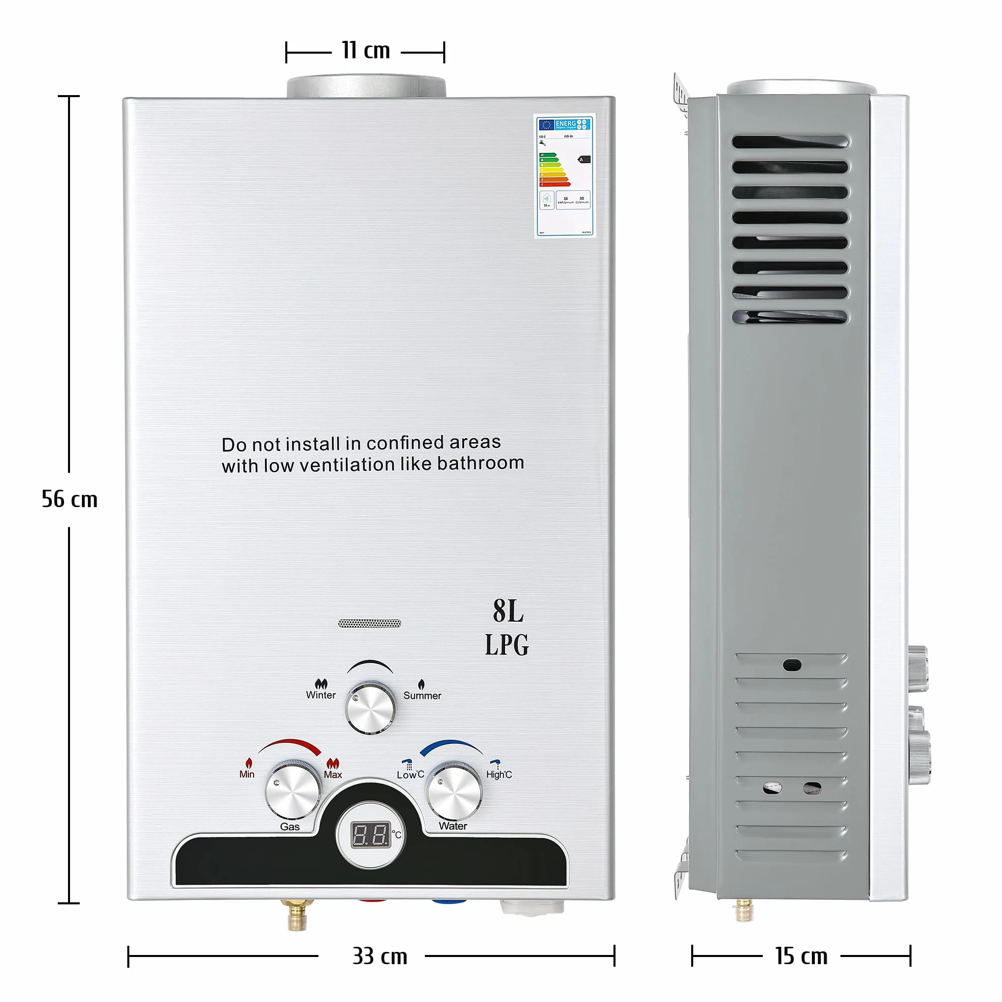 CO-Z Chauffe-Eau à Gaz Instantané 8LPM 13,6kW LPG GPL Acier Inoxydable CE Portable Maison Camping Caravane