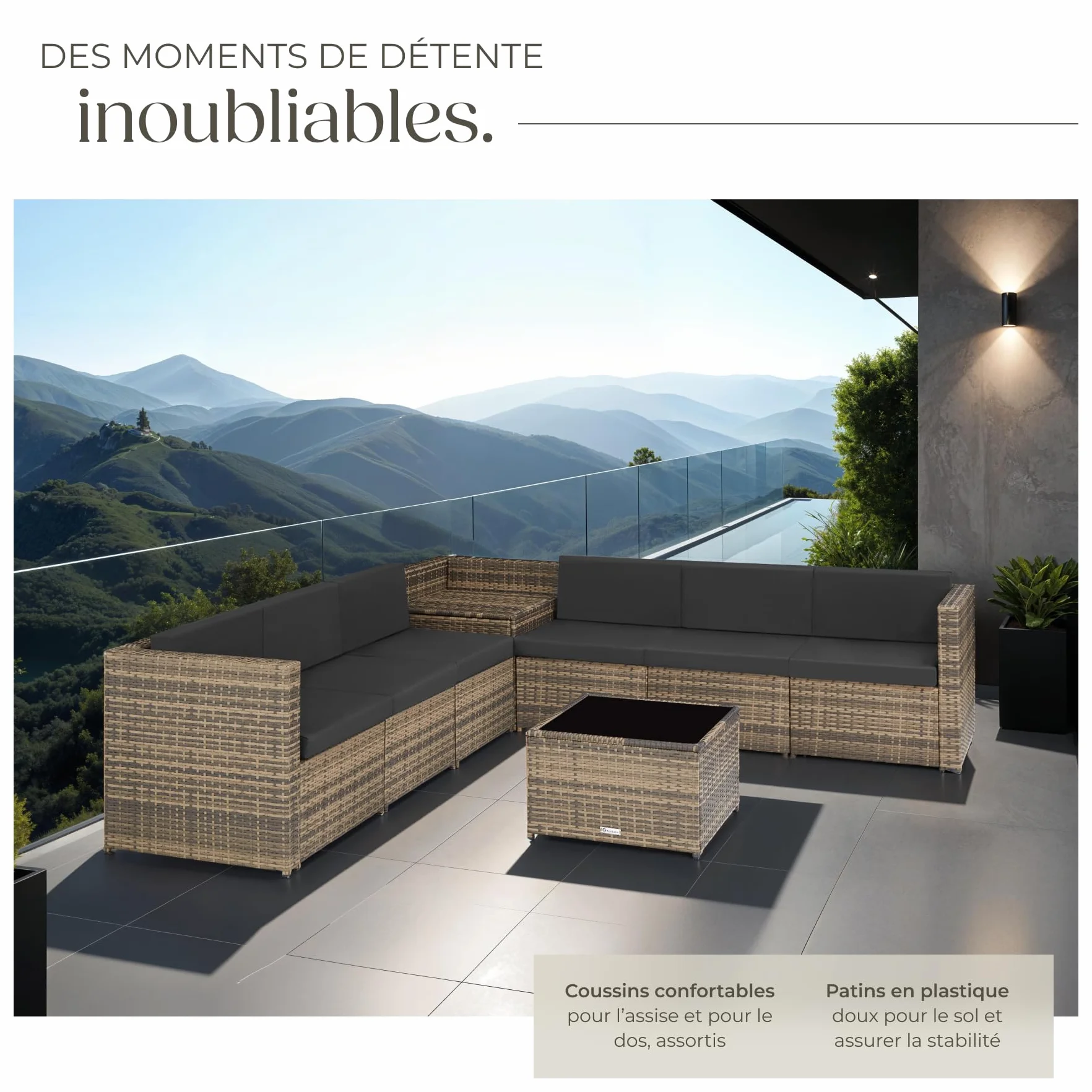 Tectake Salon de Jardin en Rotin 6 Places Resine Tressee Modulable avec Coffre et Table en Verre Marron Naturel