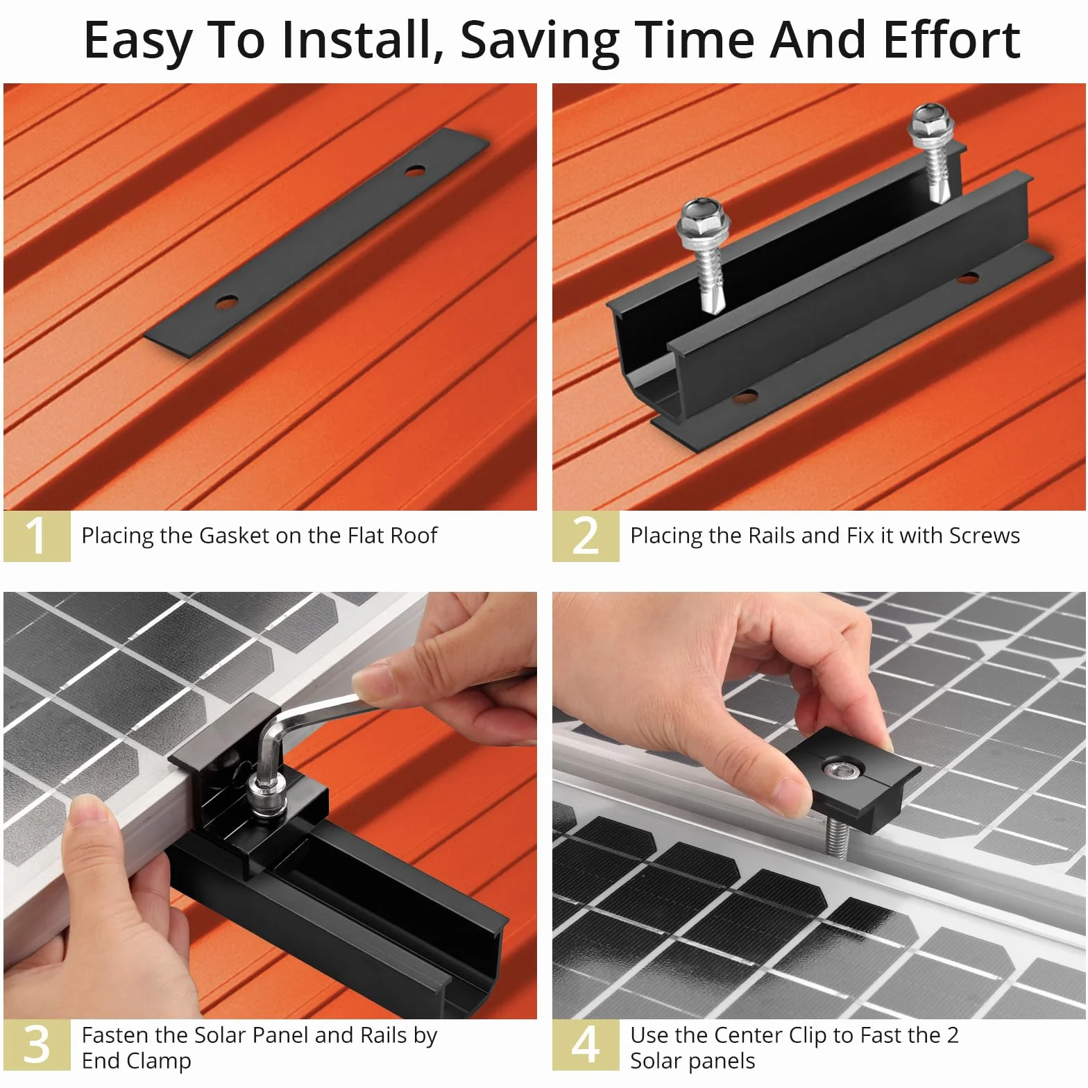 Kit de Fixation pour Panneau Solaire, 10 Rails Courts Aluminium 120mm, 6 Pinces Centrales 30/35mm, 4 Pinces d’Extrémité 30/35mm, 1 Clé de Serrage, Noir