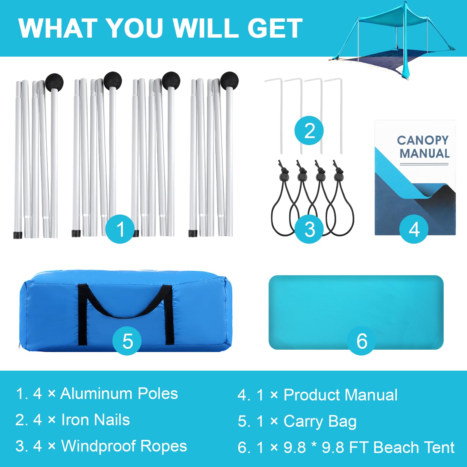 Light Blue 10x10 FT UPF50 Beach Sun Shade Tent