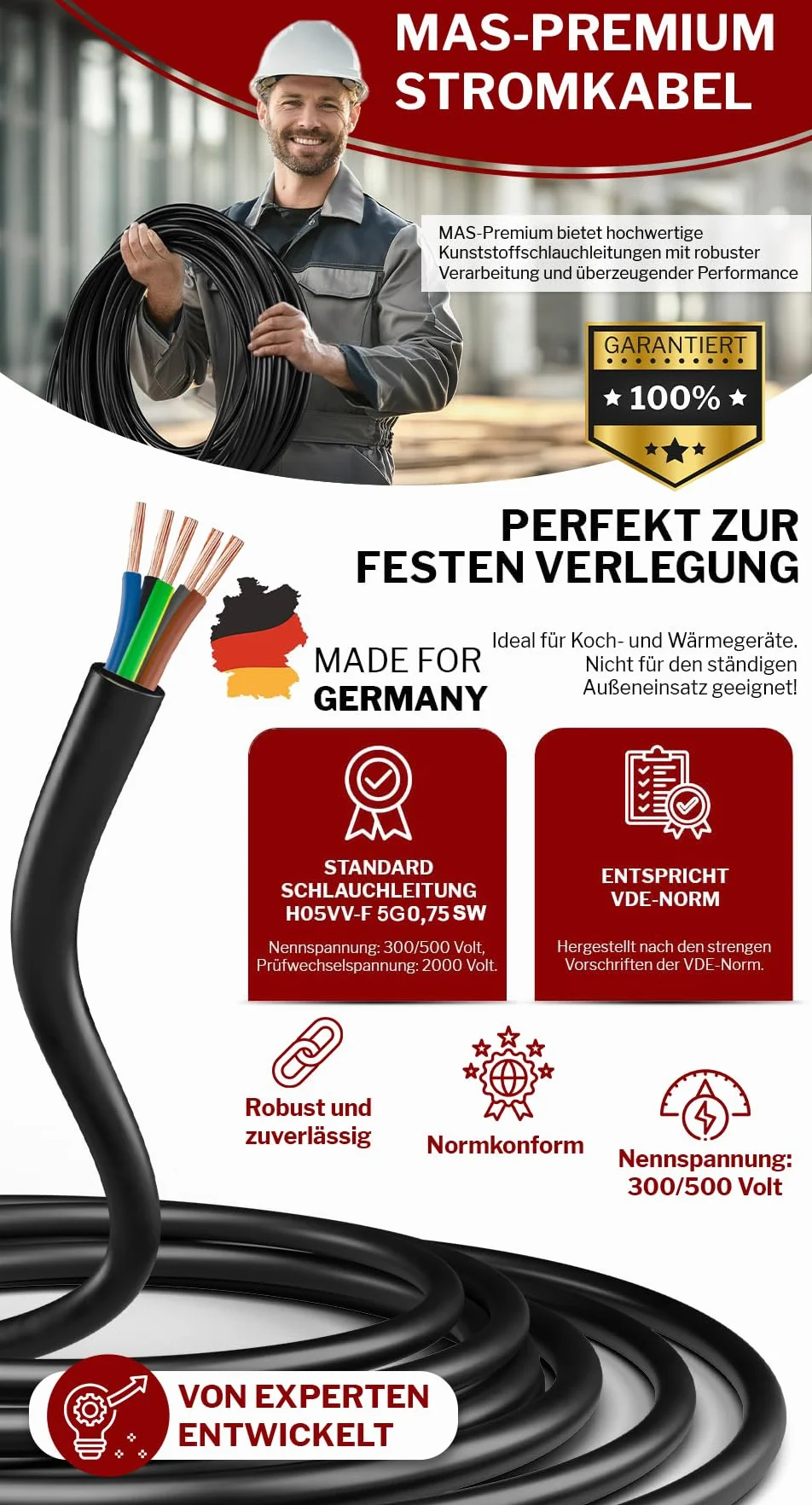 MAS Premium De 5 à 100m Câble en plastique souple H05VV-F 2, 3 ou 5 x0,75; x1; x1,5 ou x2,5 et 4G0,75 Câble flexible (H05VV-F 5G0,75 SW, 100m)
