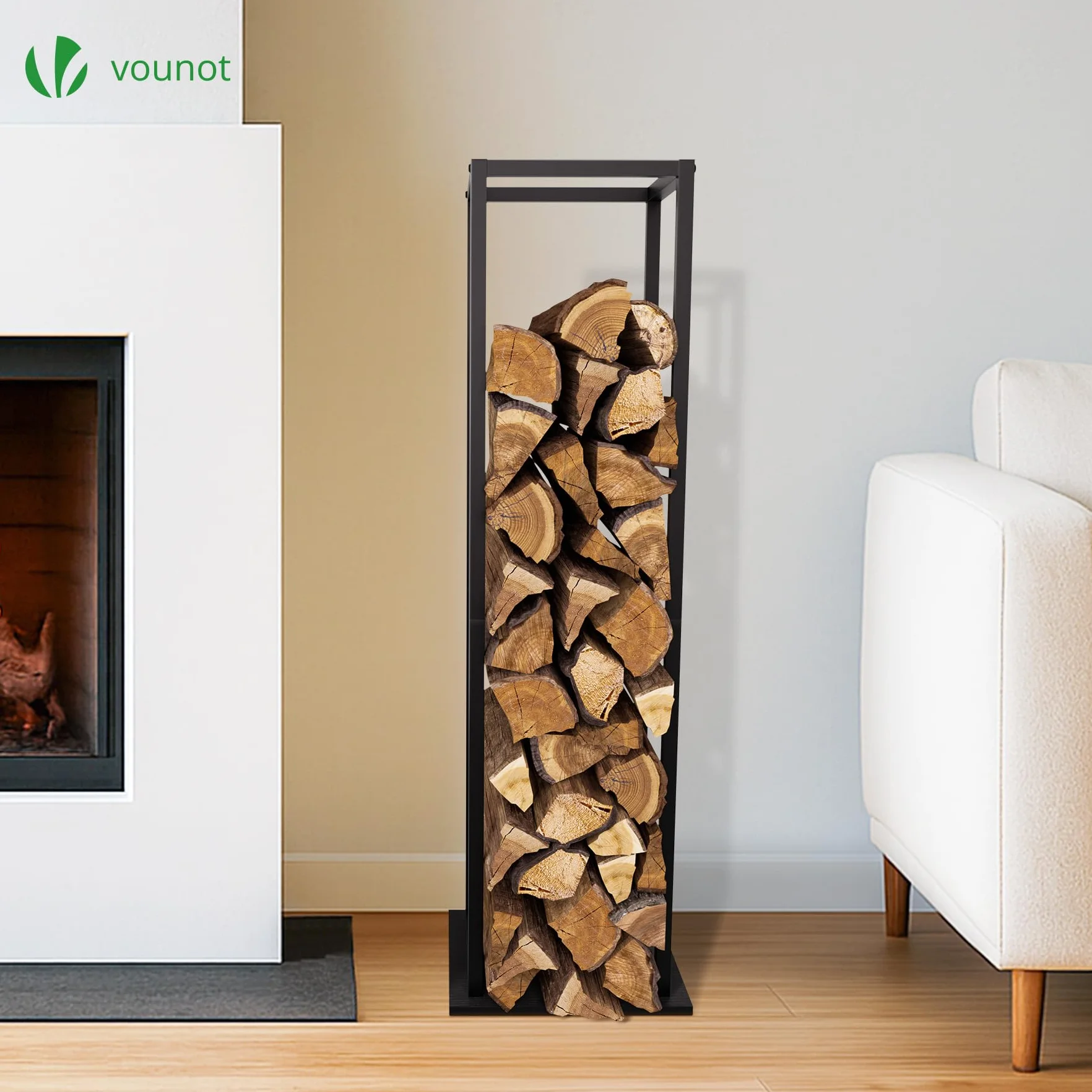 Vounot Range Bûches Vertical 33x33x112cm Métal Porte Bûches Cheminée Noir
