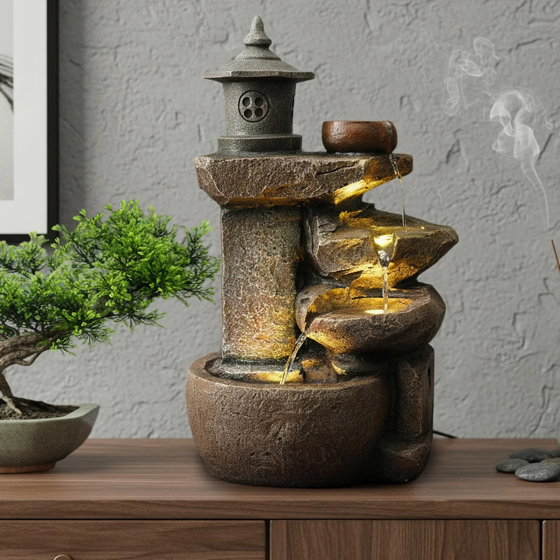 Arnusa BK851 Fontaine Cascade Avec Éclairage Marron Gris Décoration Jardin