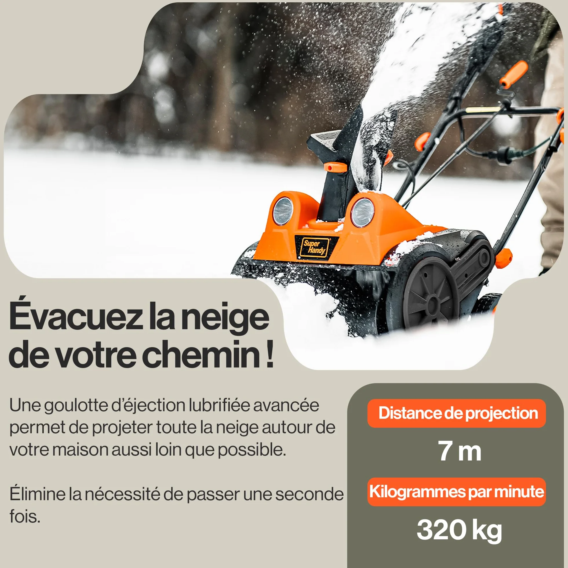SuperHandy Déneigeuse électrique Filaire 46×25 cm, portée 7 m, capacité 320 kg/Min, phares LED