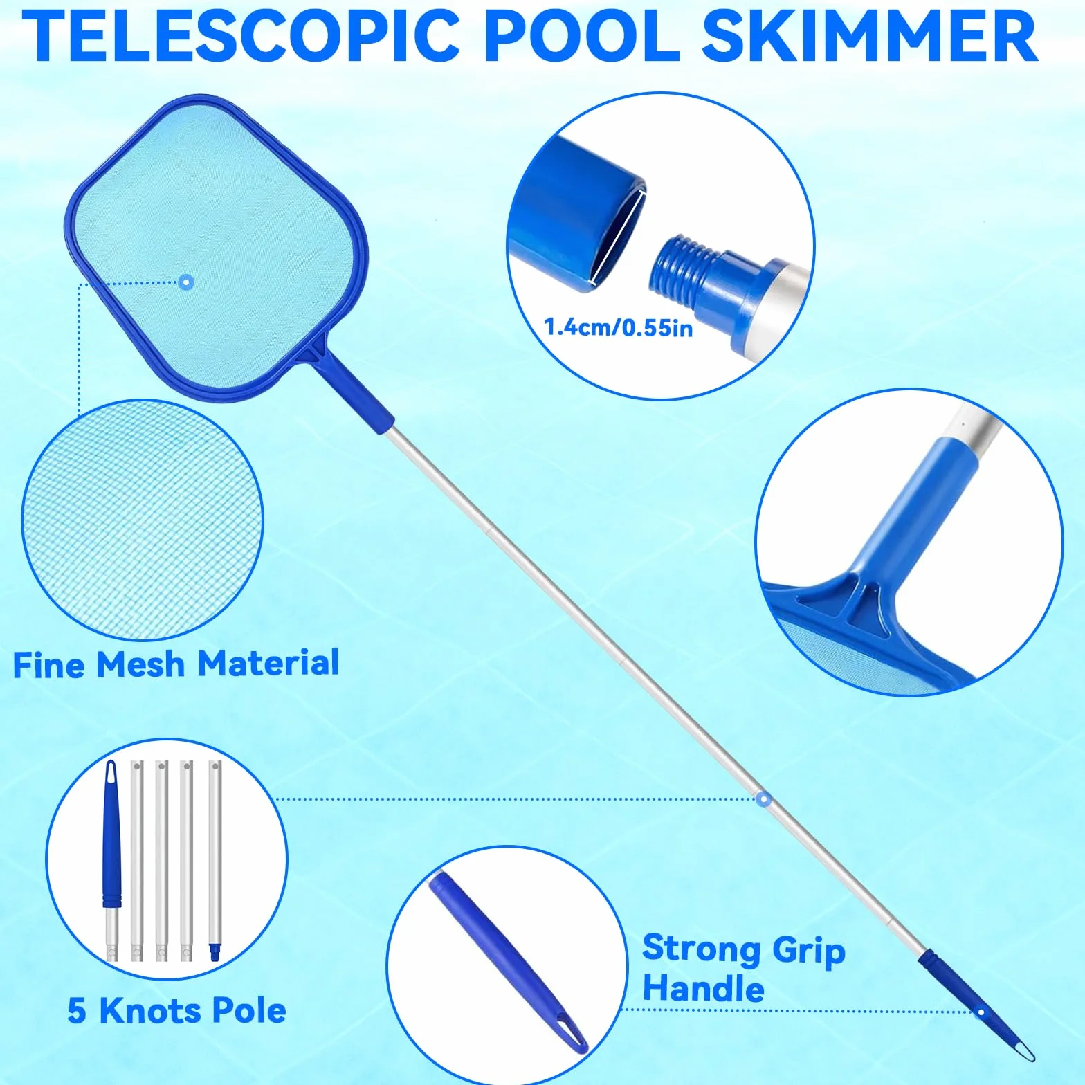 Kit de Nettoyage de Spa, Épuisette Piscine à Maille Fine, Perche Télescopique Aluminium 5 Sections, Brosse Éponge et Brosse Nettoyante