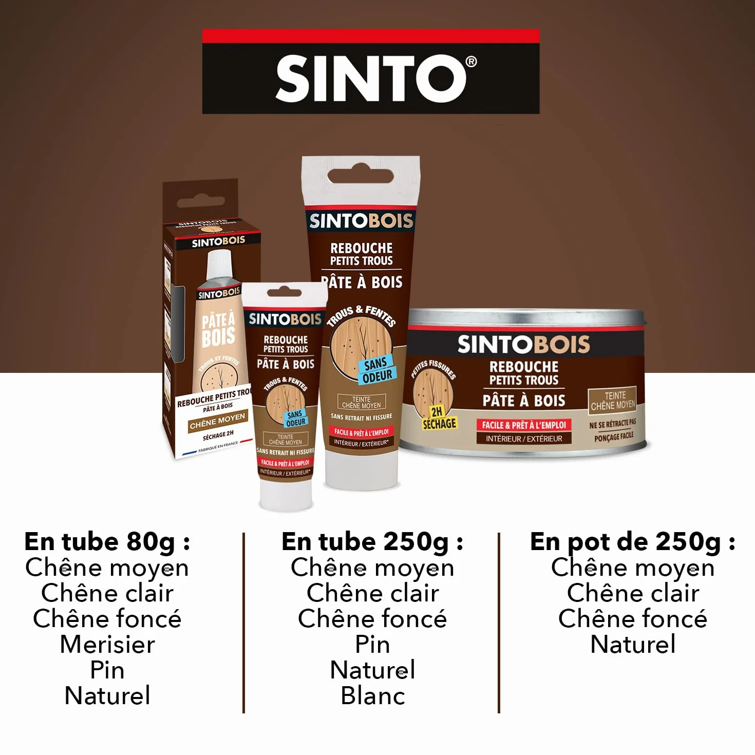 SINTO - Rebouche Petits Trous - Pâtes à Bois Sans Odeur - Prêt à l'Emploi - Sans Solvant - Sec en 4h - Intérieur et Extérieur - Ne se Rétracte pas - Pin - Technique Professionnelle - 80 g