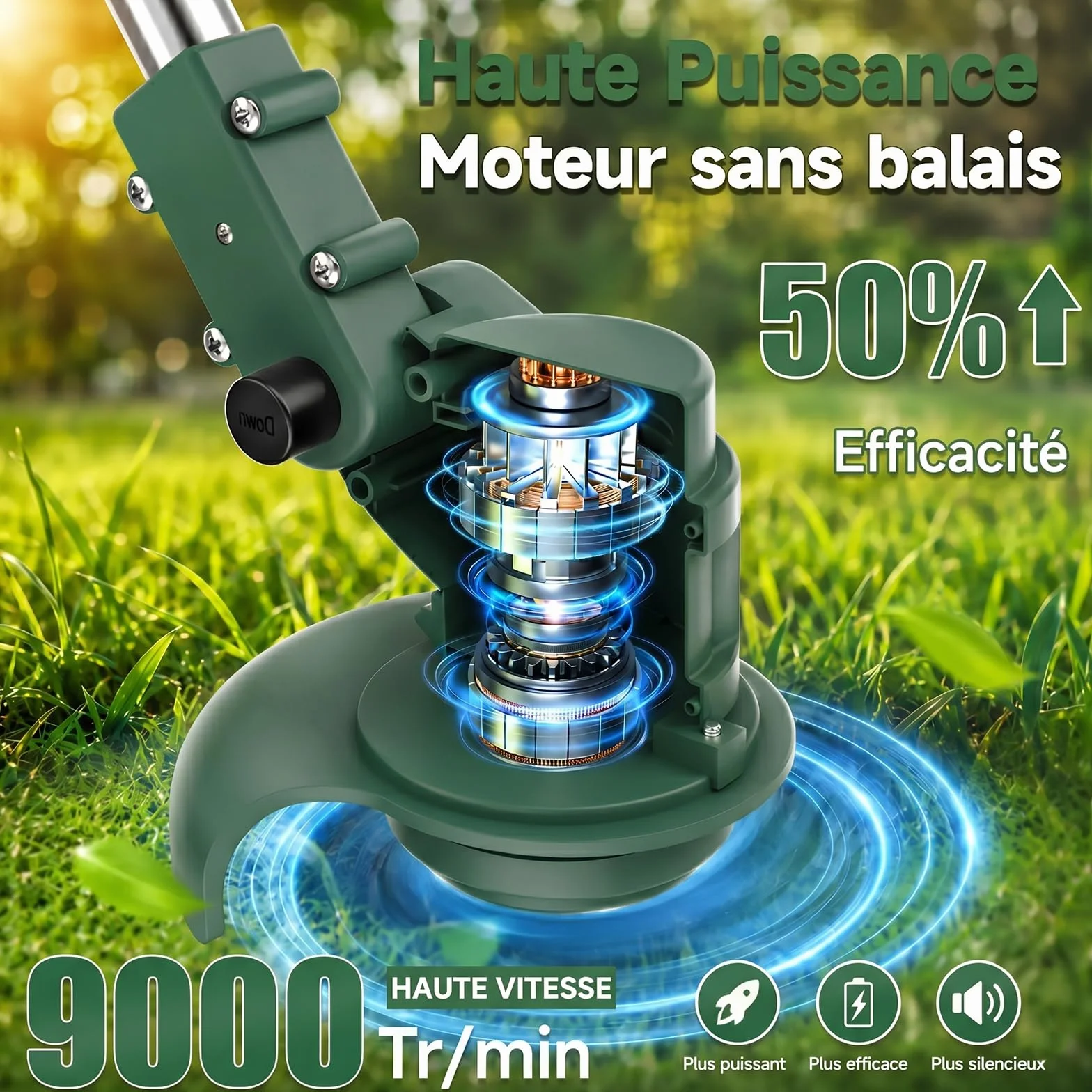 Debroussailleuse Electrique sans Fil 850W Rotofil 60cm Manche Telescopique 2x2000mAh 26 Lames Vert Lierre