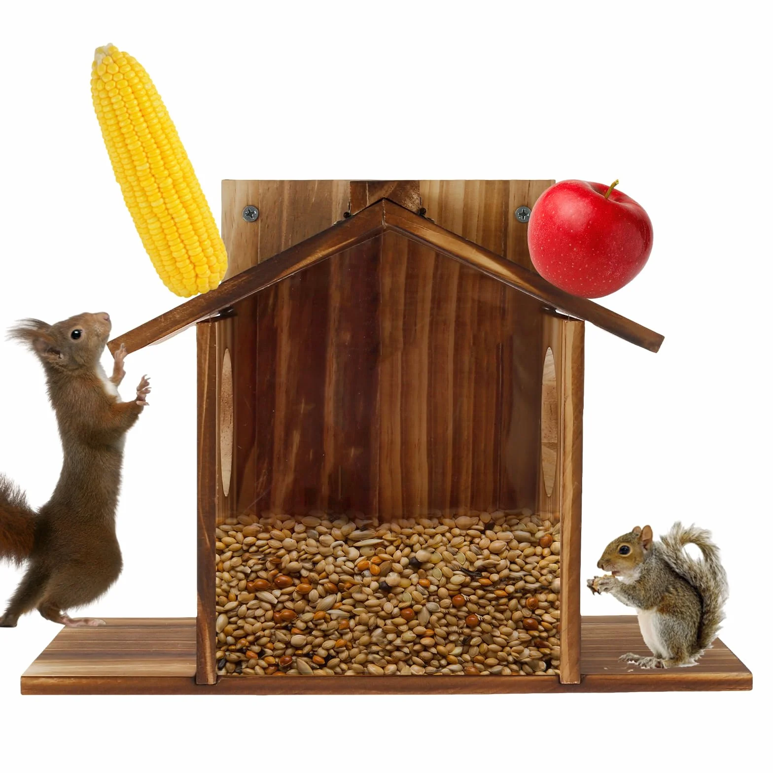 Mangeoire à écureuils en bois avec toit flexible, station d'alimentation extérieure grande capacité