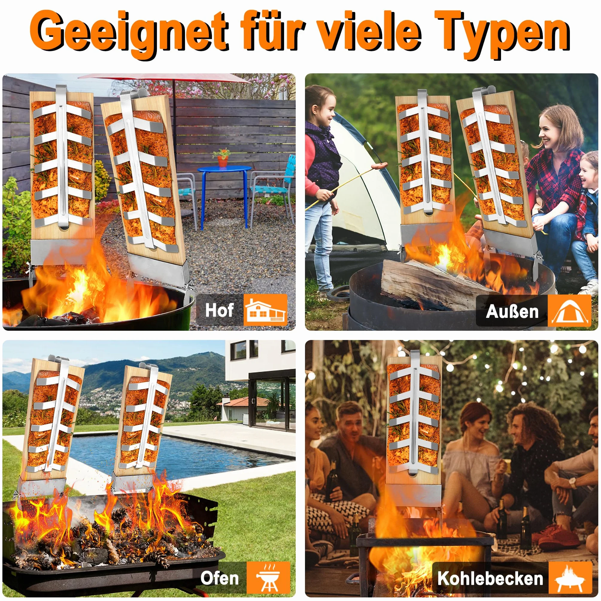 Lot de 2 planches à saumon flammé en acier inoxydable 5 niveaux réglables pour barbecue