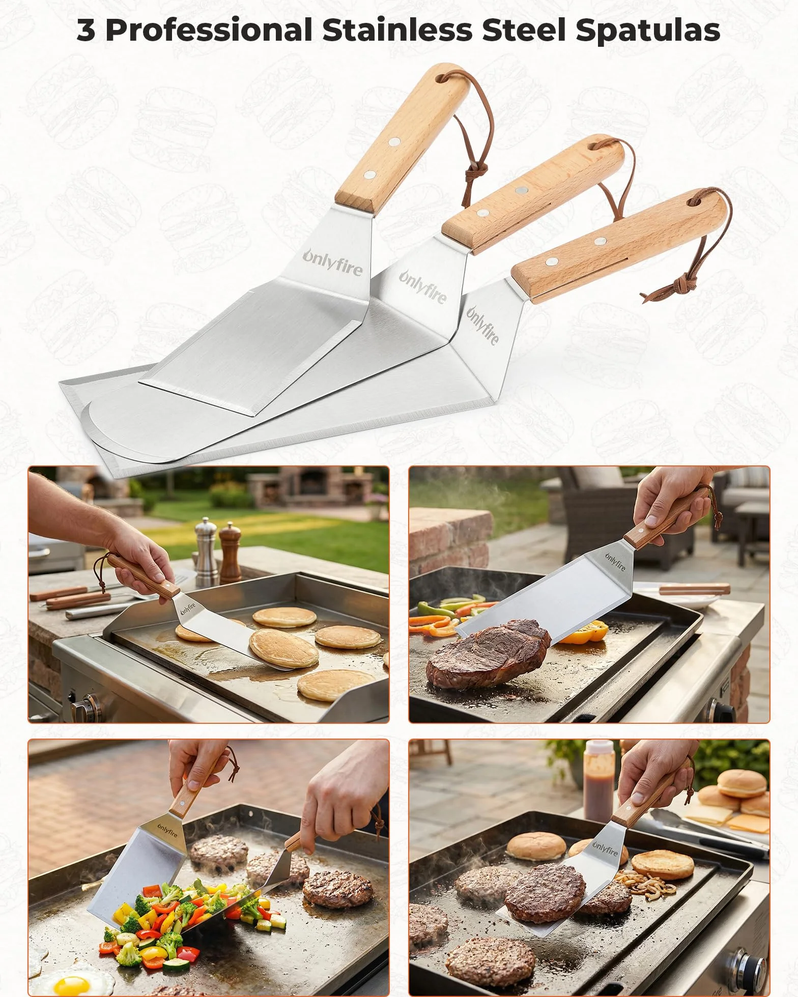 Onlyfire 4 Pièces Ustensiles Plancha Acier Inoxydable Spatule Poids Barbecue Fonte Poignée Bois Professionnel BBQ Kit Teppanyaki