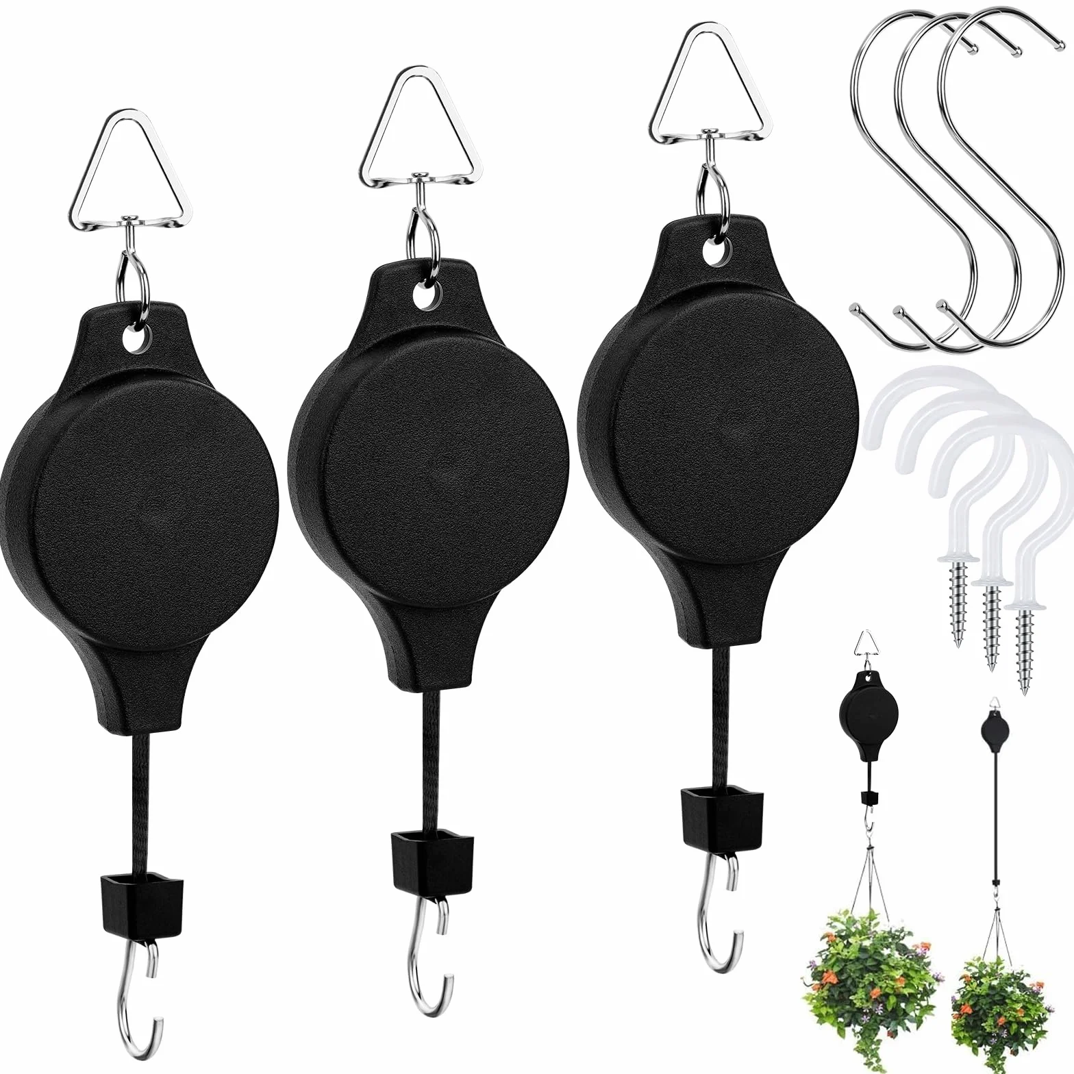 Yotako Lot de 3 crochets rétractables pour plantes réglables avec crochets de plafond blancs