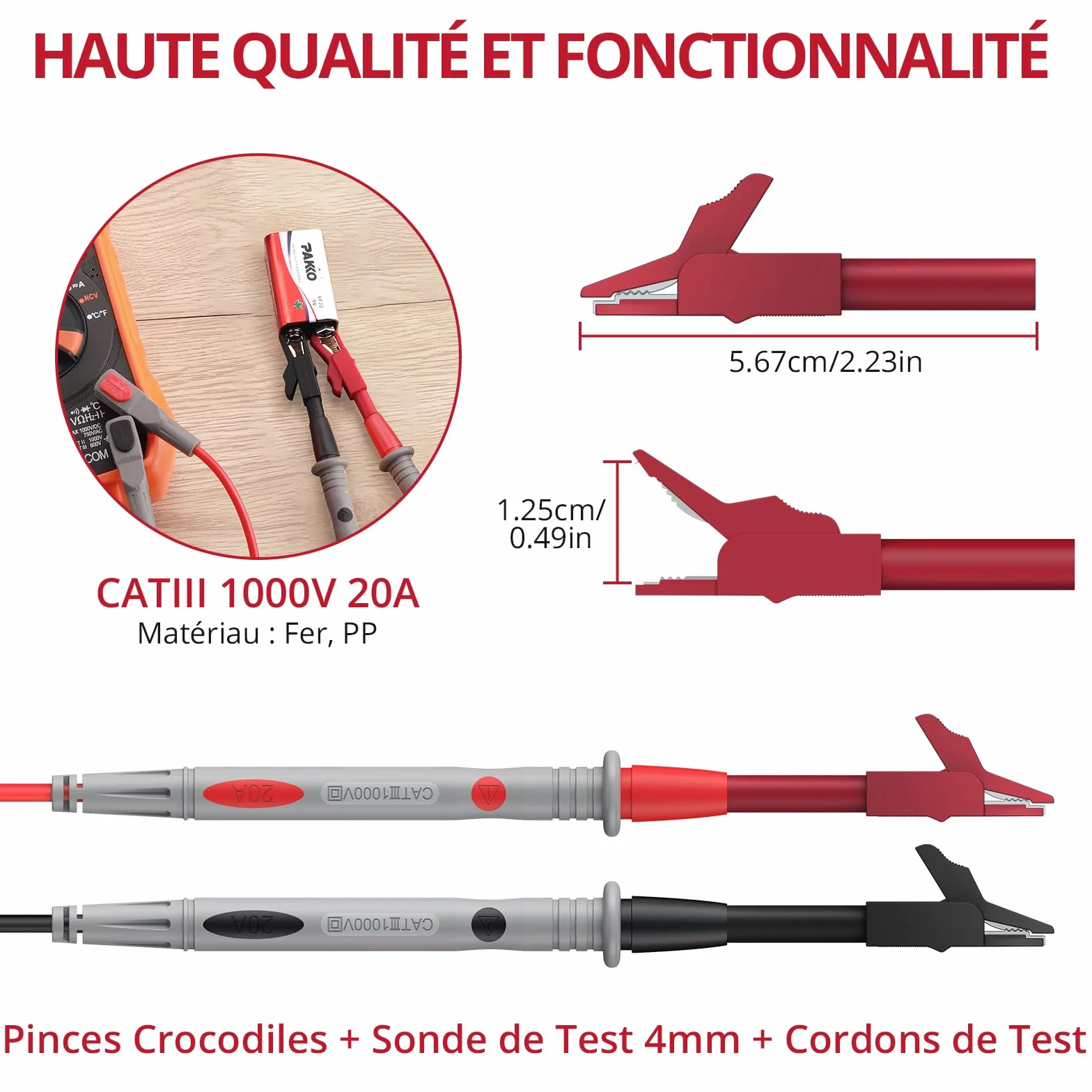 BINTA Cordons de Test Multimètre CAT III 1000V 20A, 1m Câbles avec Fiches Banane 4mm Isolées, Pointes Interchangeables 1/2/4mm (Plaquées Or), Pinces Crocodile, Capuchons