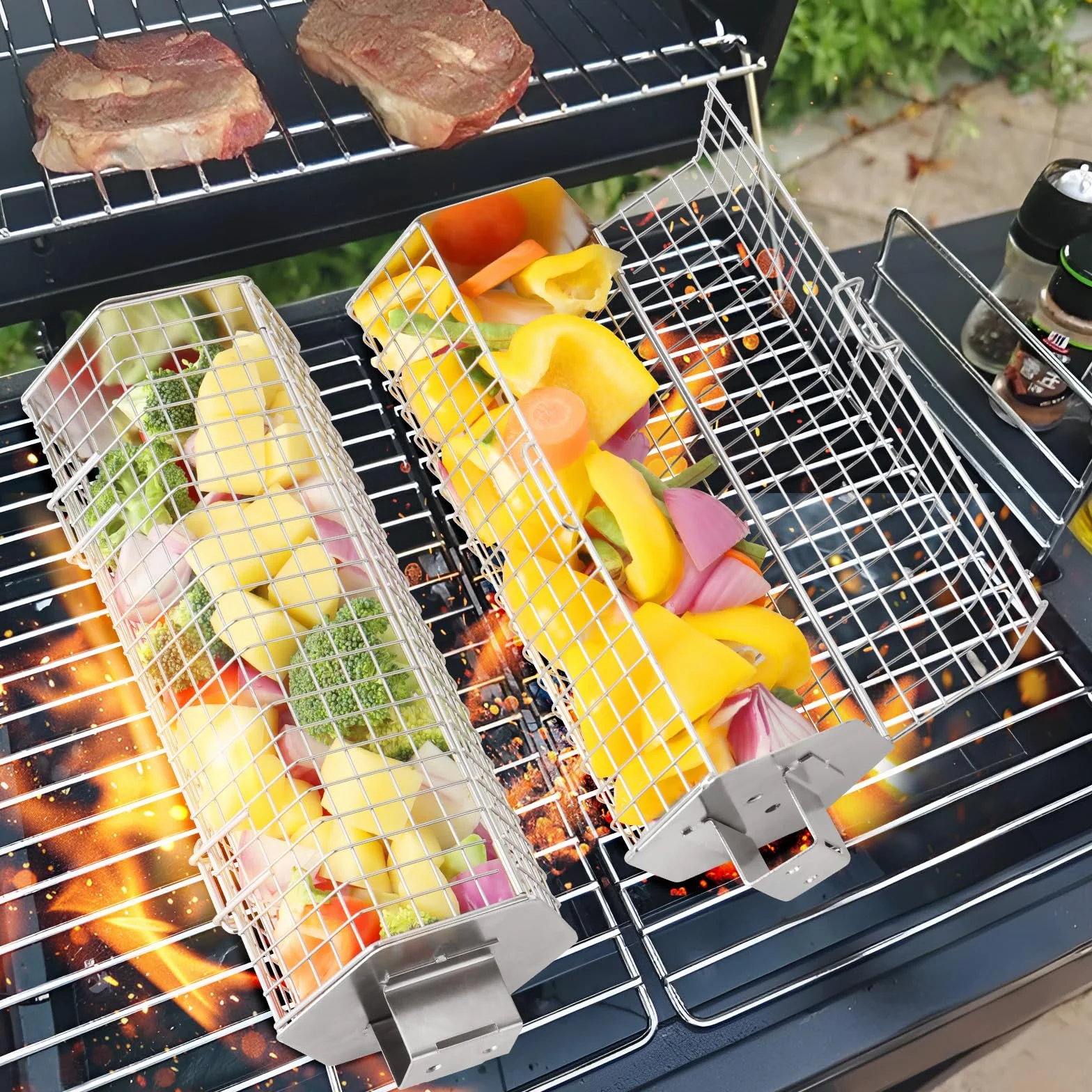 Panier à Barbecue Acier Inoxydable 304 Poignée Détachable 2 Pièces Ustensiles Grill Cuisine Exterieur Camping
