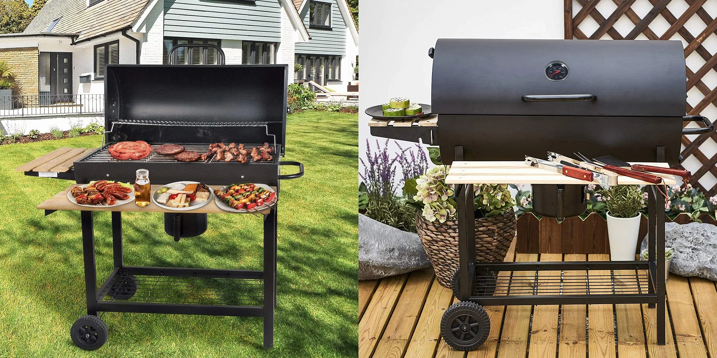GrillMaster BigBend Rond GM2020 Barbecue Charbon avec Couvercle Roulettes Étagères Jardin