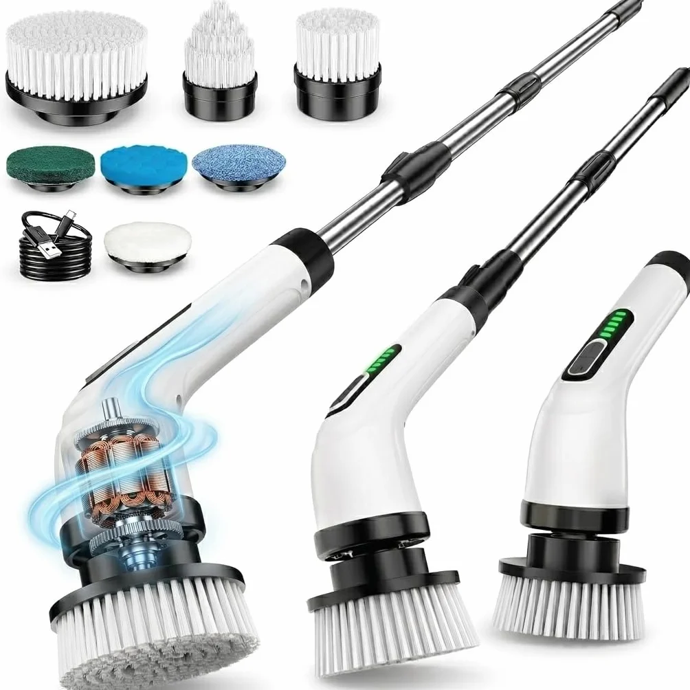 FYDEE Brosse Nettoyage Electrique, Brosse Rotative Nettoyage avec Batterie 3000mAh, 7 Têtes Interchangeables, Manche Réglable, IPX7 Étanche, 2 Vitesses, Idéale pour Salle de Bain, Maison et Cuisine