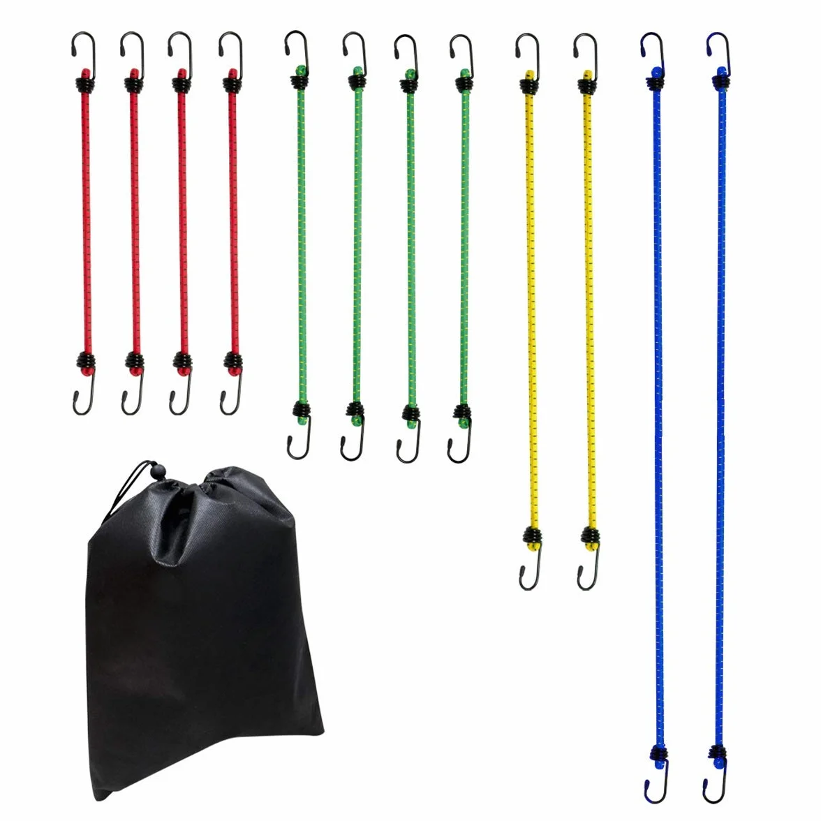 Amazon Basics Tendeurs Robustes, Plusieurs Longueurs - Multicouleur (Lot de 12), 88cm, 59cm, 46cm, 38cm