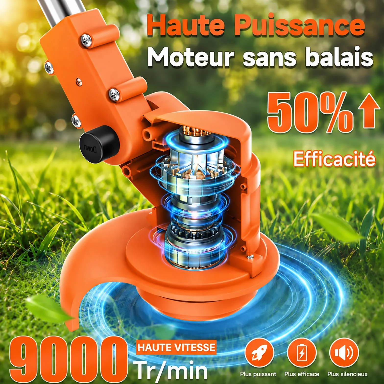 Debroussailleuse Electrique sans Fil 850W Rotofil 60cm Manche Telescopique 2x 2000mAh 26 Lames Orange Cuivré