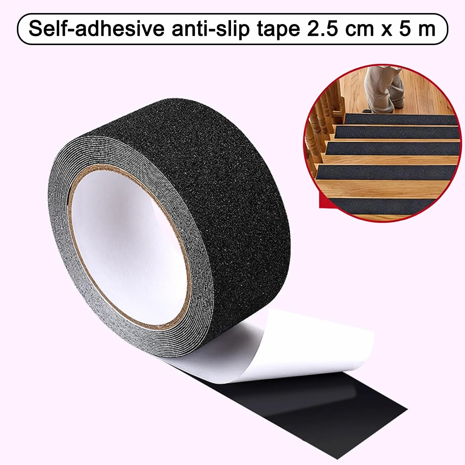 Bande Antidérapante Adhésive pour Escaliers 2,5cm x 5m – Ruban Autocollant Anti-dérapante pour Marches, Revêtement Antiglisse Intérieur & Extérieur, Noir