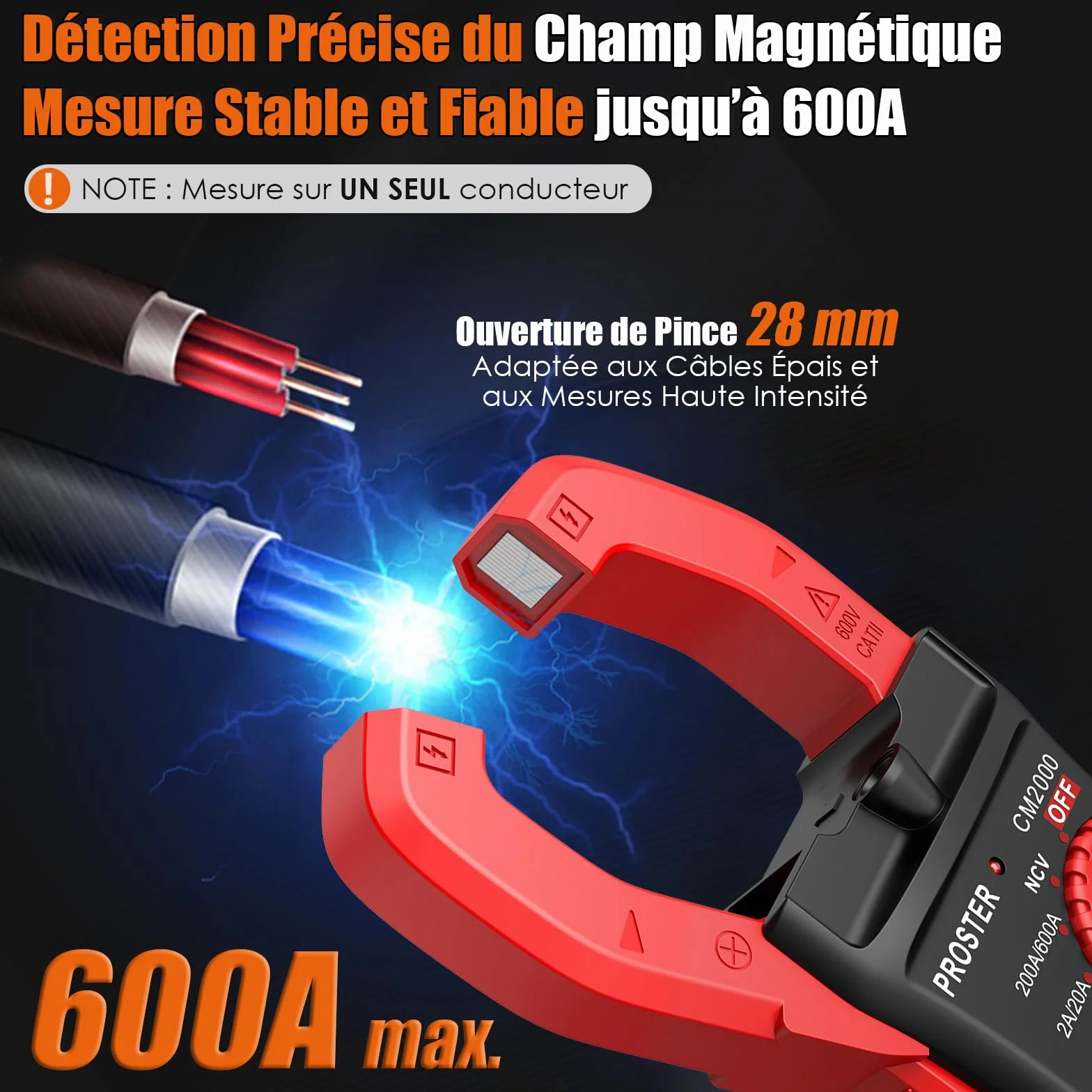 Proster 600A Pince Ampèremétrique Numérique NCV, 2000count Multimetre Professionnel TRMS Pince Multimètre Courant AC Tension AC/DC NCV Continuité Résistance Température Diode Hz