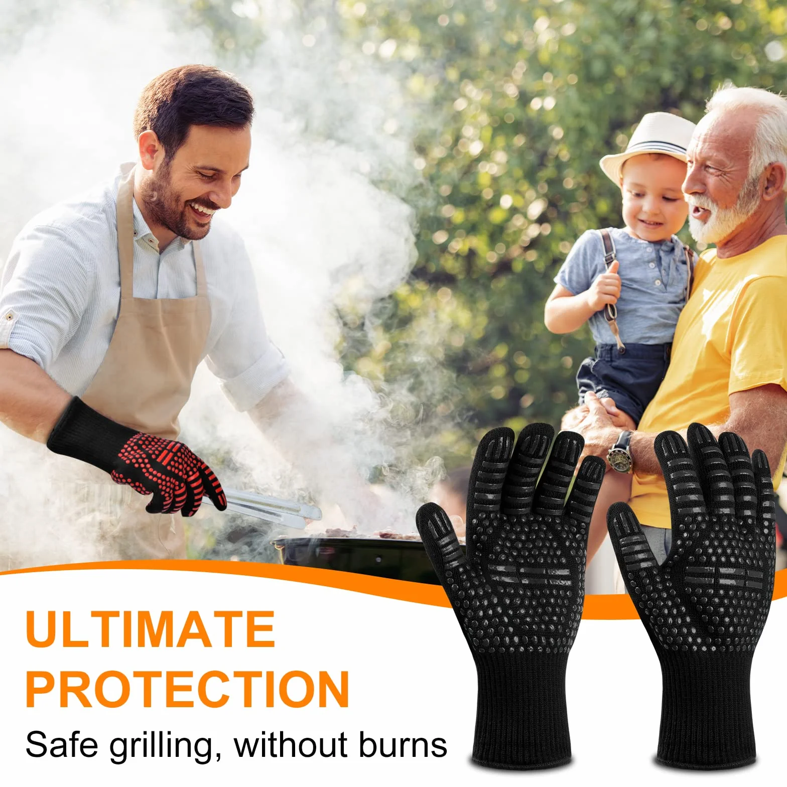 Flintronic Gants de Barbecue Anti-Chaleur 800°C Résistant à la Chaleur Antidérapants pour BBQ Four Gril