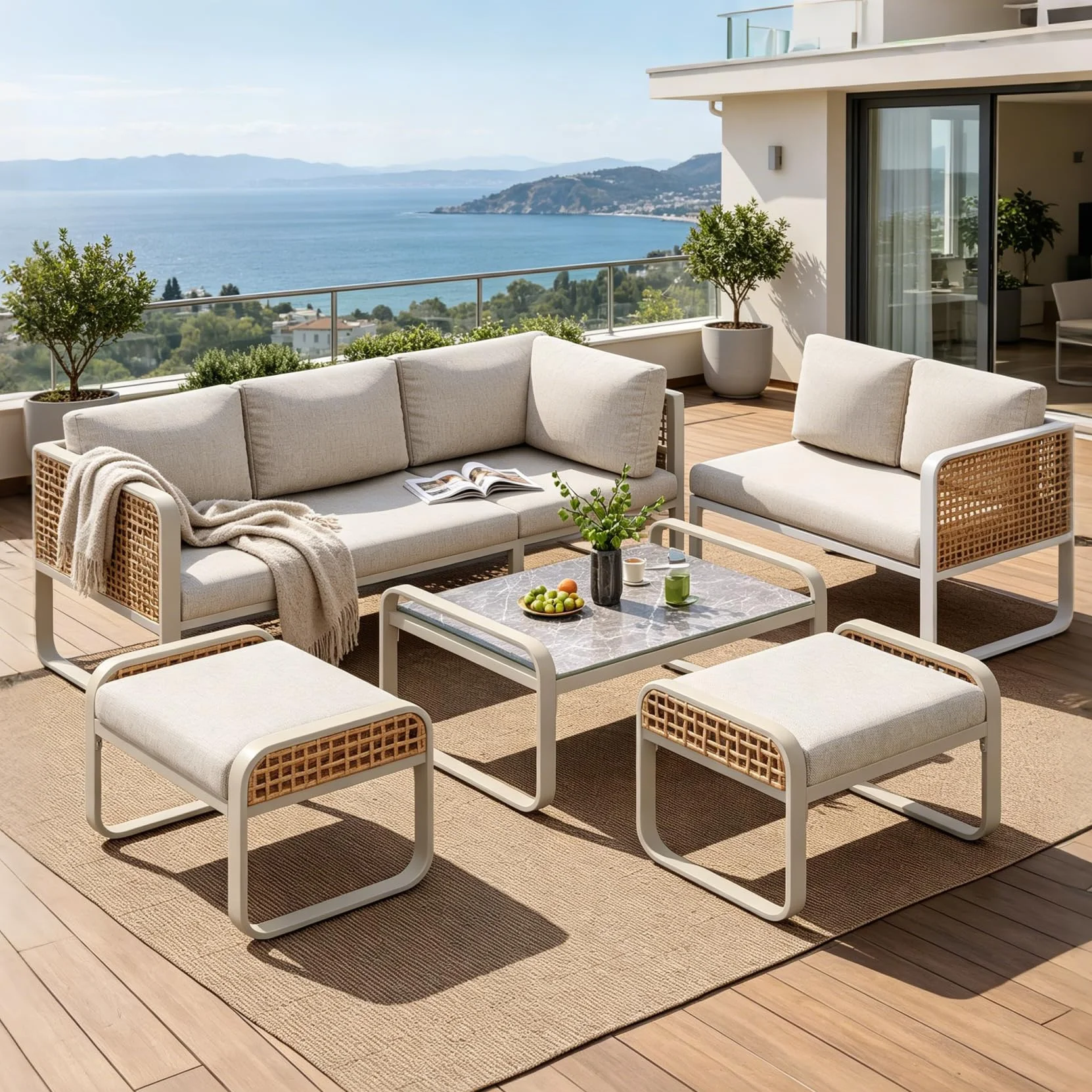 Ensemble Salon de Jardin 6 Pièces Canapé d’Angle Rotin Pieds Réglables Mobilier d’Extérieur Beige