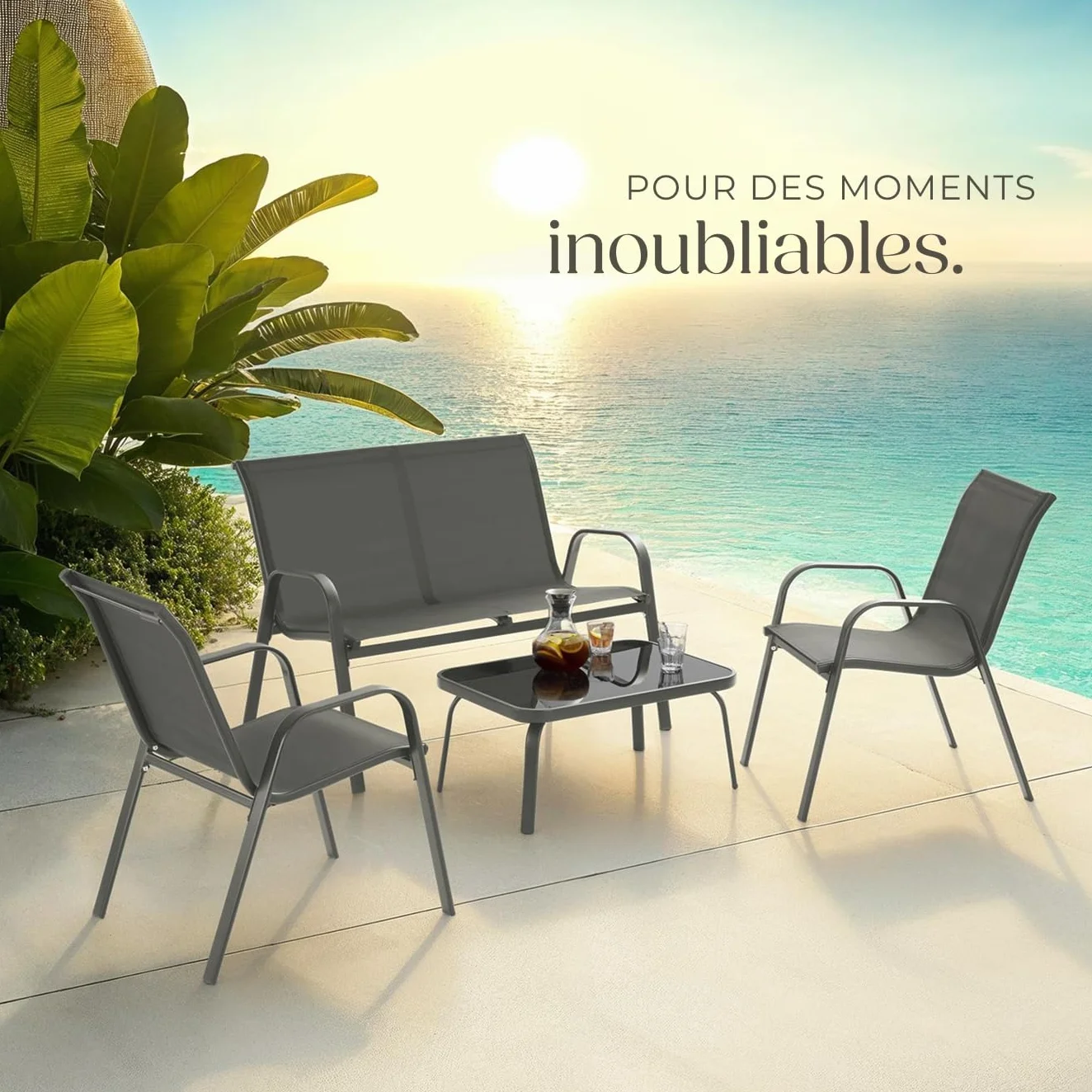 Tectake Salon de Jardin Extérieur 4 Personnes Canapé 2 Places 2 Fauteuil Table de Jardin