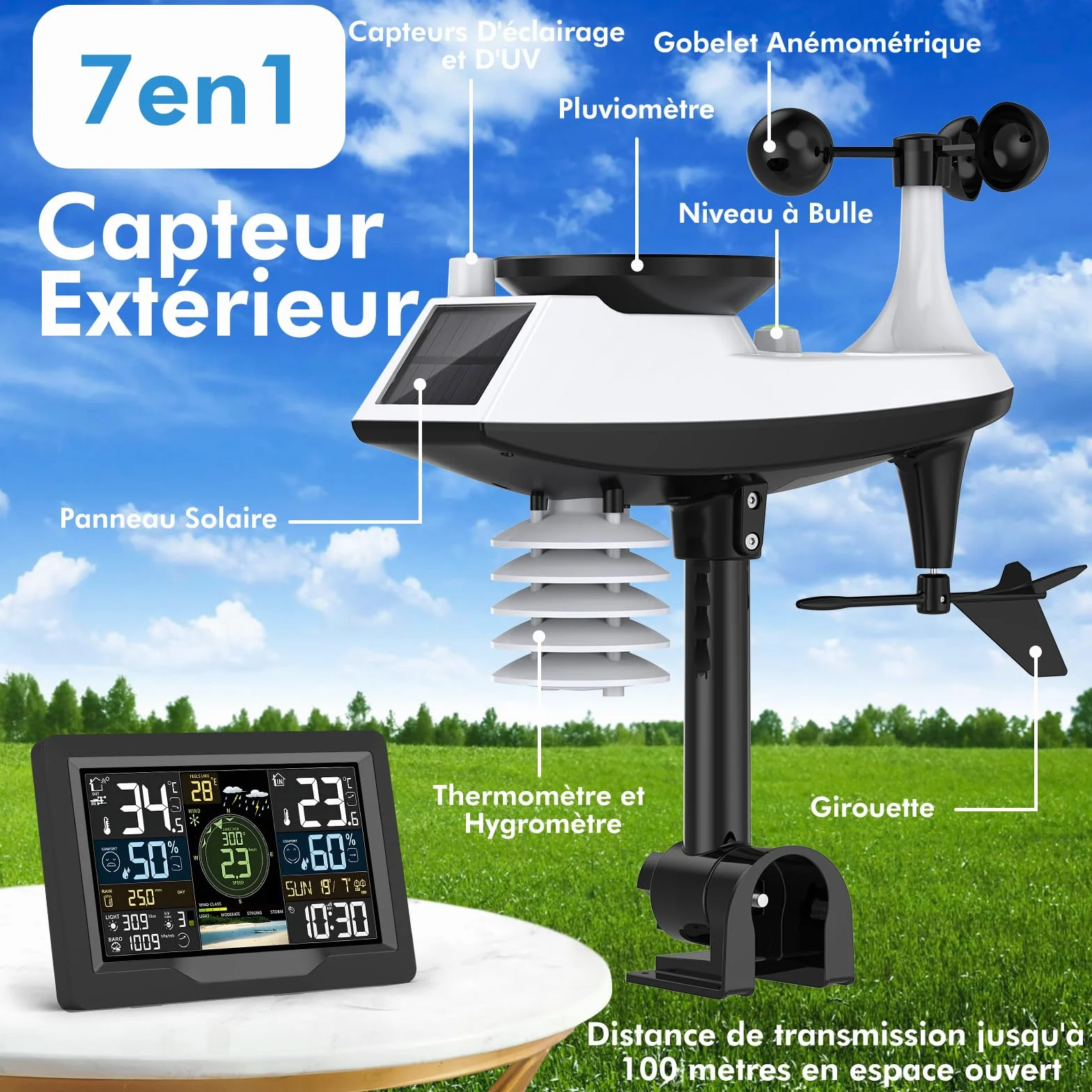 Station Météo WiFi Professionnelle 7 en 1 avec Capteur Extérieur sans Fil, Pluviomètre, Anémomètre, Girouette, Baromètre et Prévision Météo