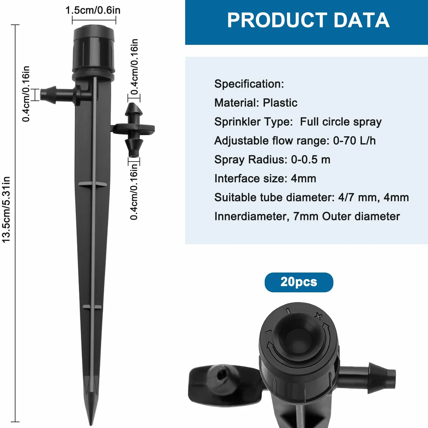 Goutteur Irrigation Réglable 360 Degrés Micro Asperseur Goutte à Goutte pour Tube 4/7 mm, Noir 20 Pièces