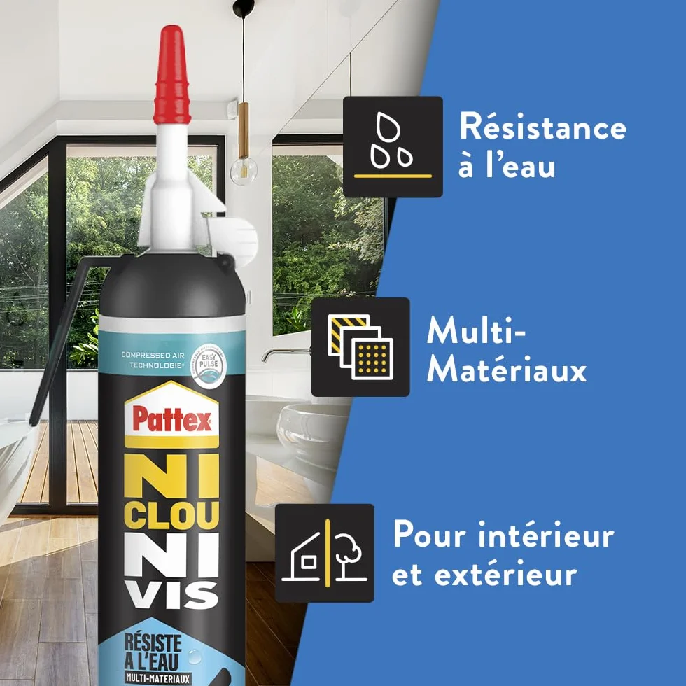 Pattex – Colle Ni Clou Ni Vis Résiste à l'Eau (MSP de 326 g) – Colle de fixation à maintien immédiat pour intérieur & extérieur – Mastic blanc résistant à l’eau, flexible et repositionnable