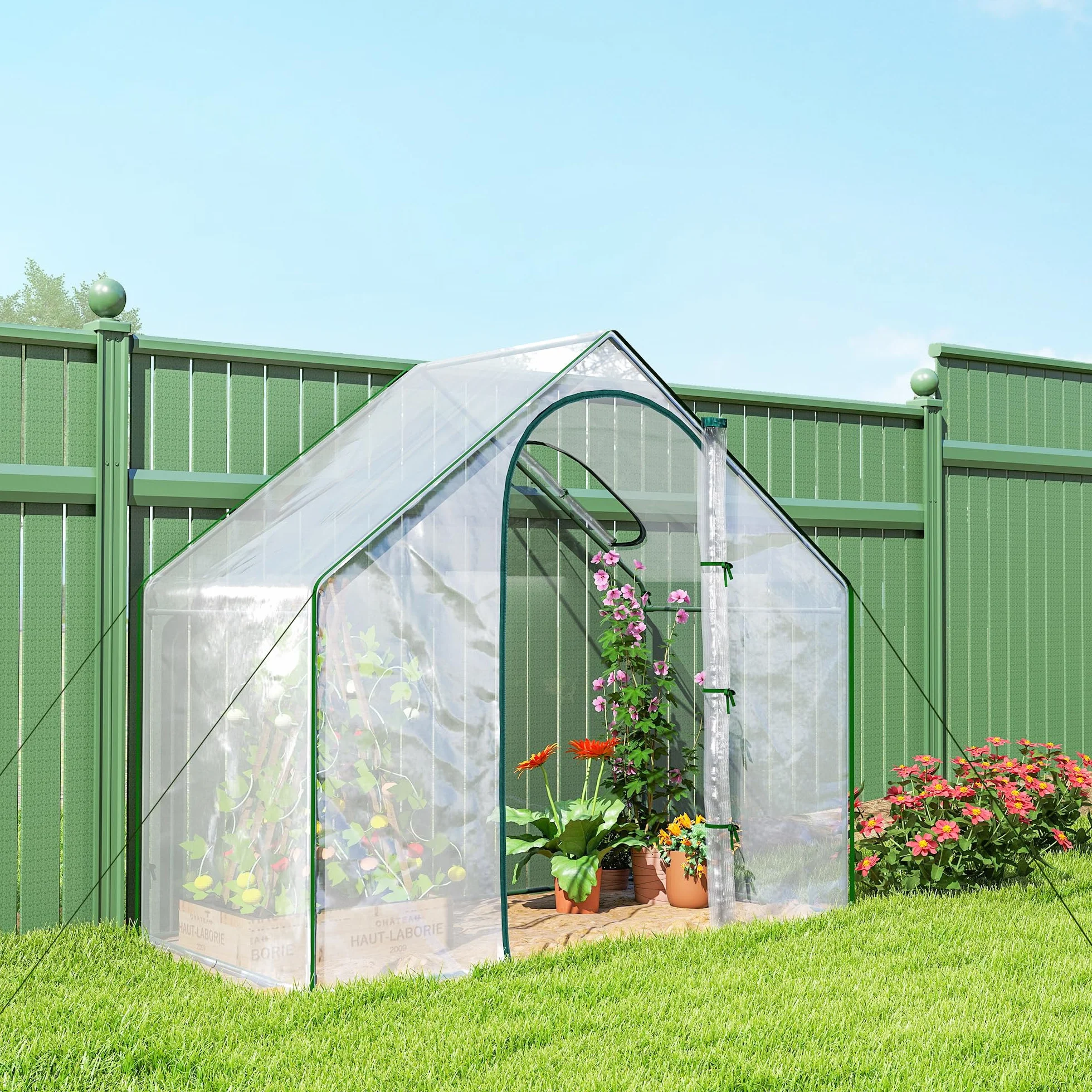Outsunny Serre de Jardin PVC 180x100x168 cm, Châssis Acier, Porte Zippée, pour Légumes Plantes